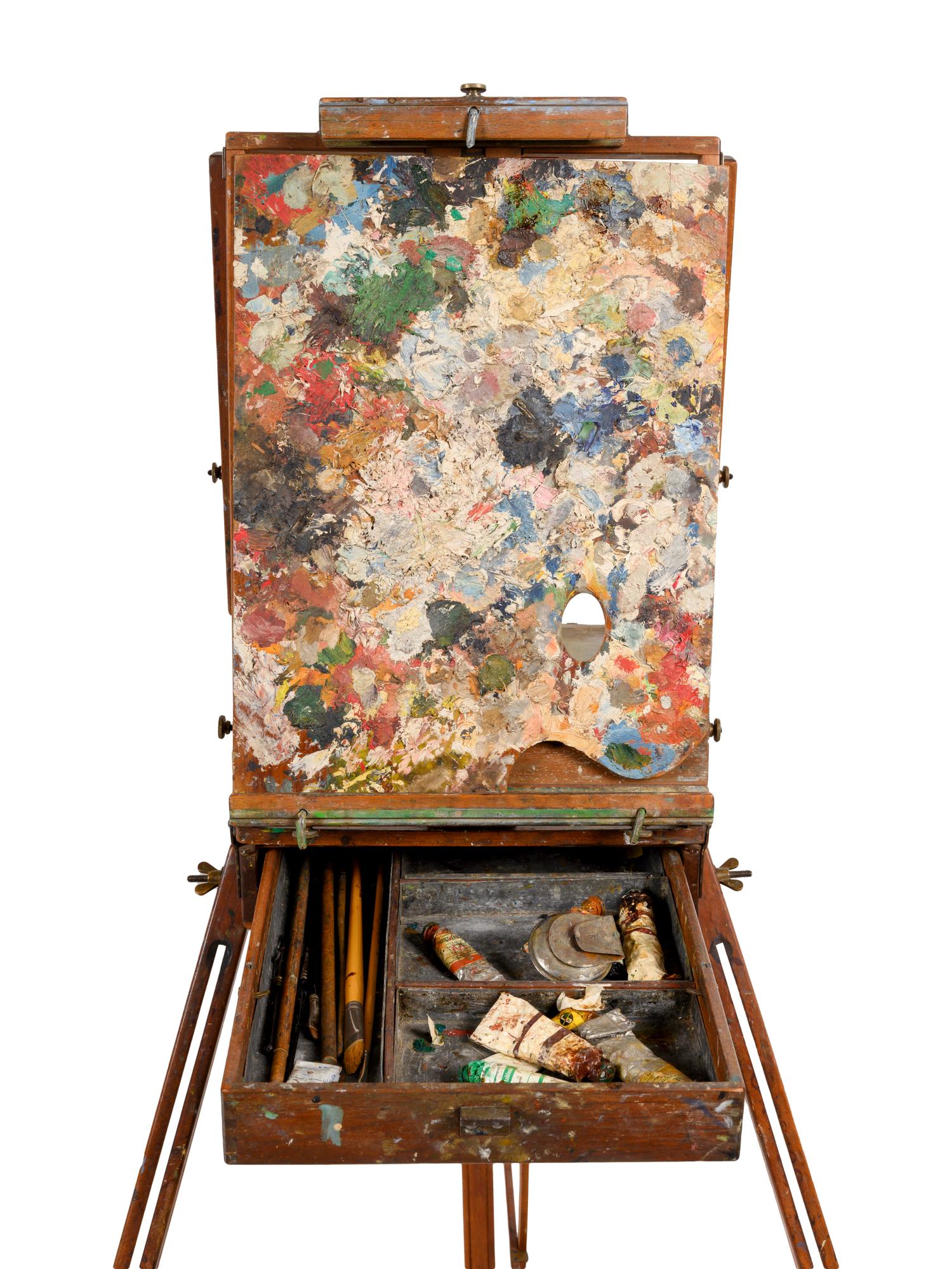 Two Antique Easels and a Painter's Palette