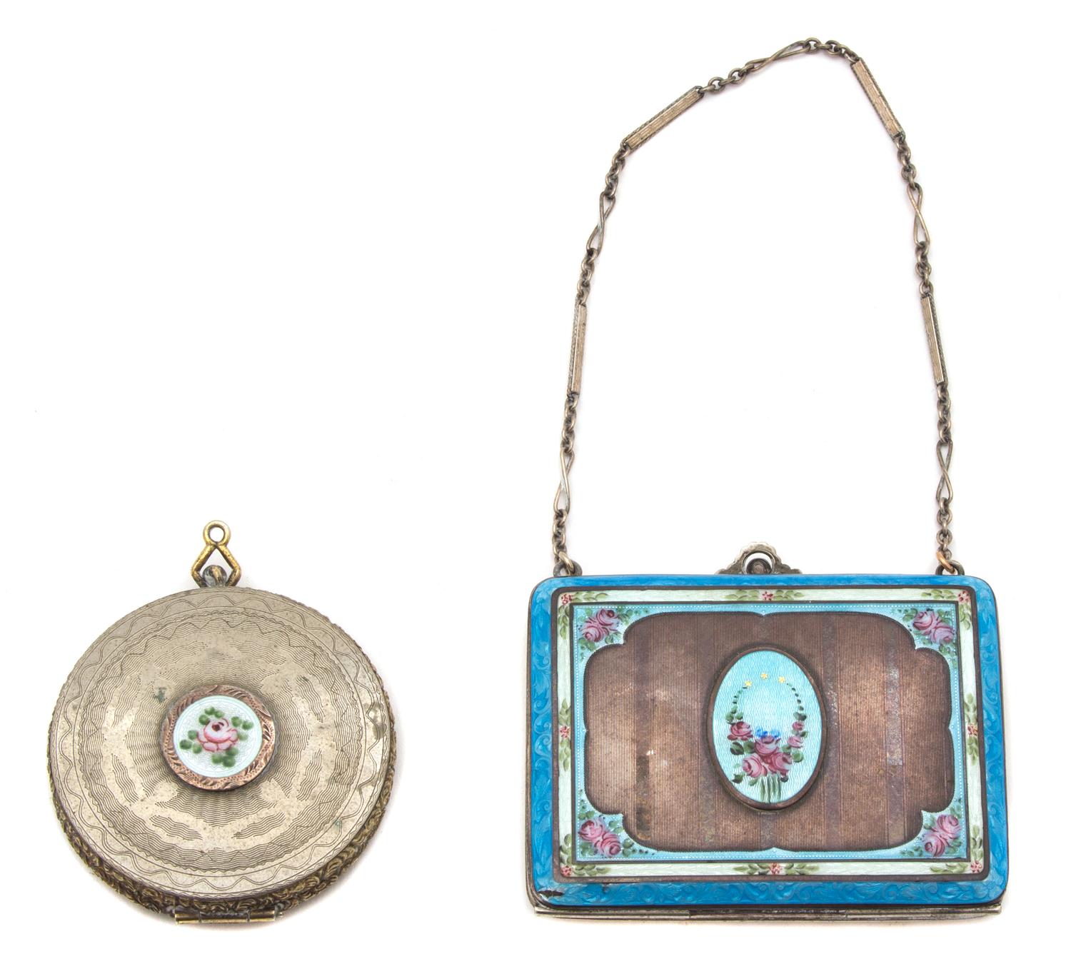 Two French Enameled Silver Compacts Largest height 3 x width 3 1/3 x depth 1/2 inches. — LATE 19TH/EARLY 20TH CENTURY