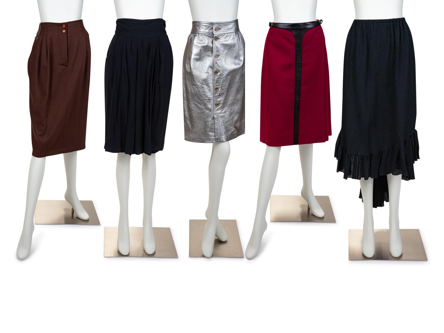 Five Designer Skirts: Hermès, Gucci, Claude Montana, Yves Saint Laurent, Fendi, 1980-90s