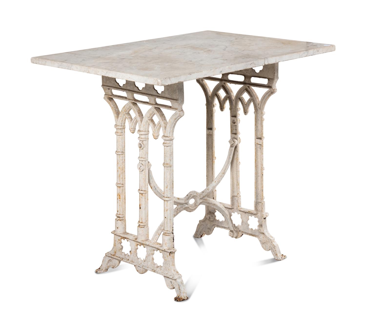 A Continental Gothic Style Painted Cast Iron Marble-Top Garden Table