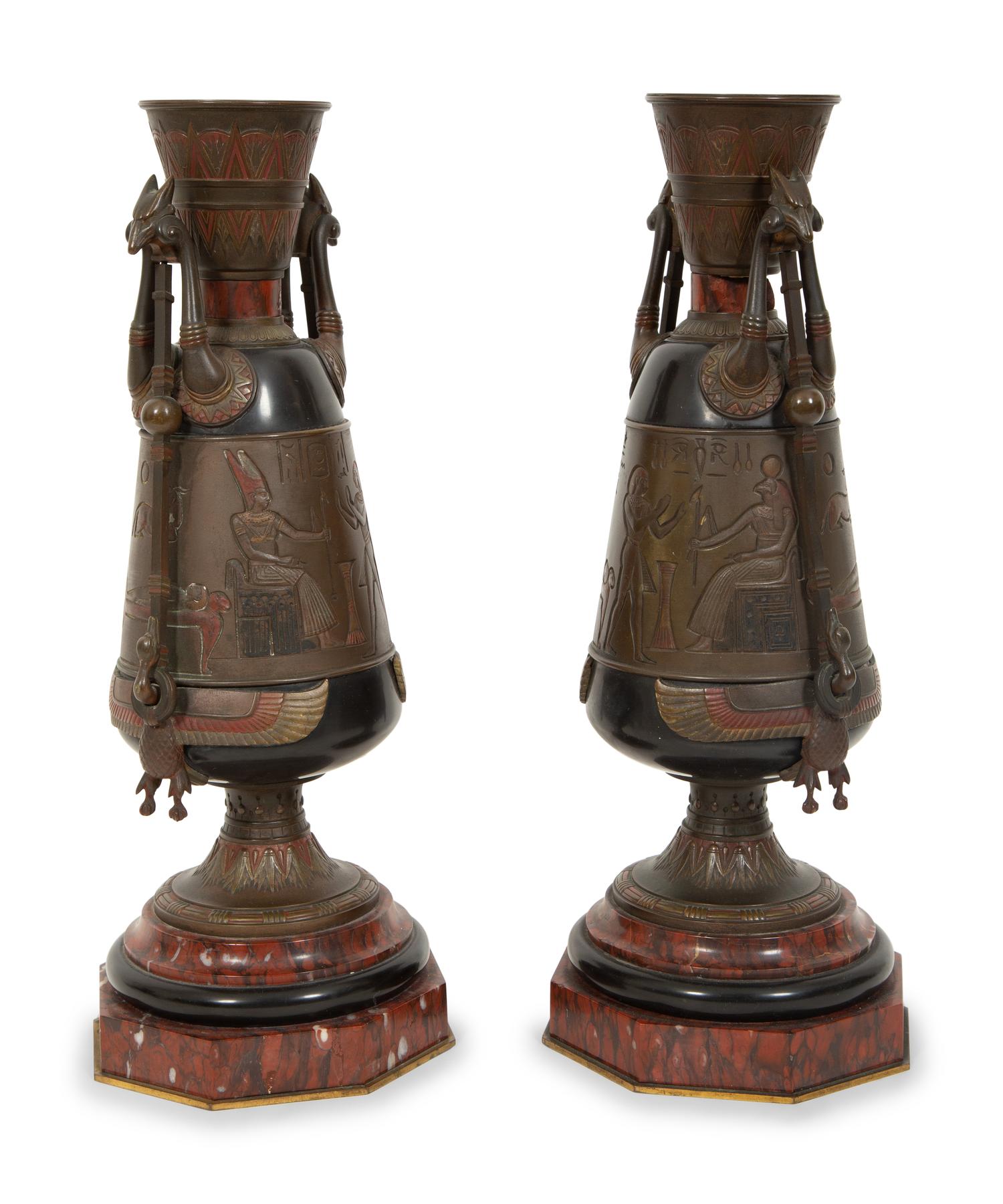 A Pair of French Egyptian Revival Bronze and Marble Urns