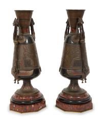 A Pair of French Egyptian Revival Bronze and Marble Urns