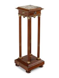 A Continental Gilt Bronze and Enamel Medallion Mounted Mahogany Marble-Top Pedestal