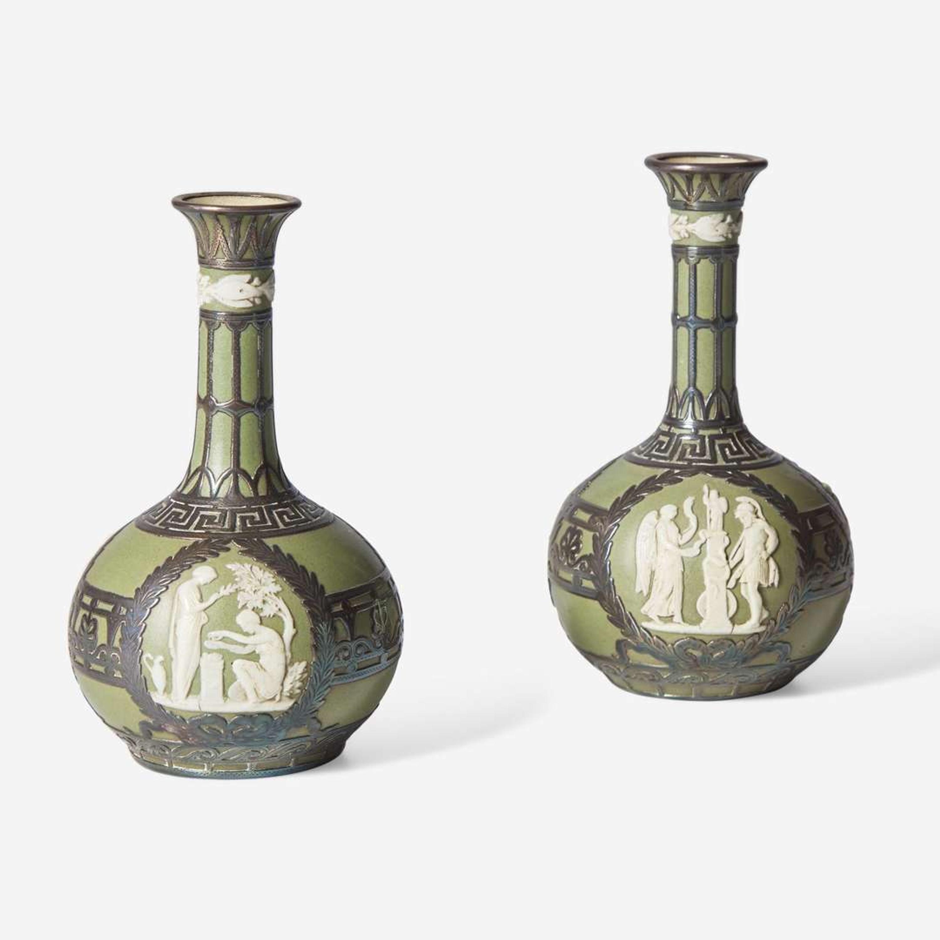 A Pair of Wedgwood Silver Overlay Jasperware Vases UK, circa 1900