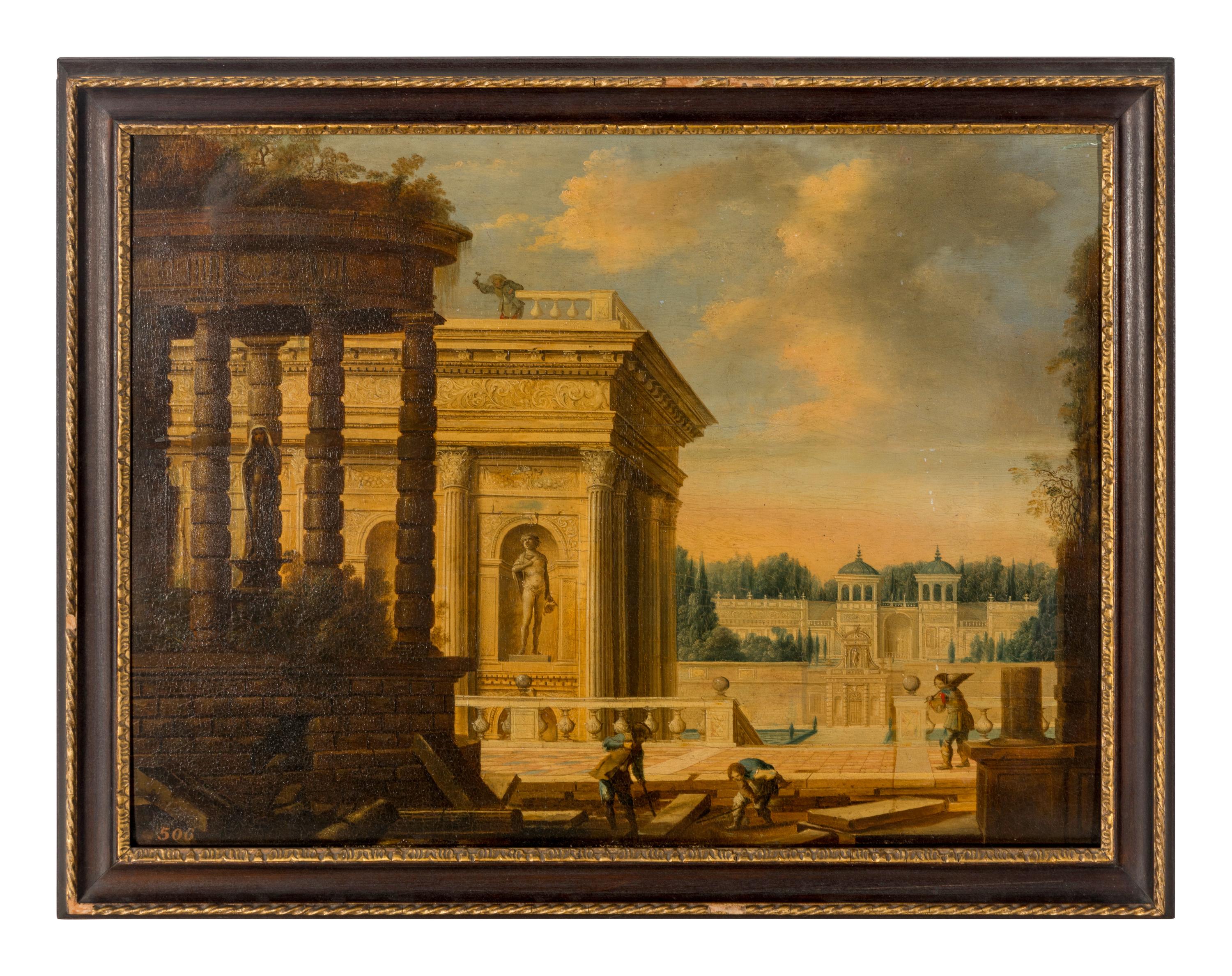 A Capriccio View of a Classical Palace, the Grounds being Finished by Men Setting Paving