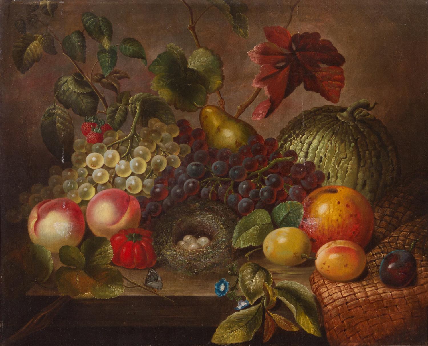 Eloise Harriet Stannerd, (British, 1828-1915), Still Life with Fruit, Bird's Nest and Butterflies