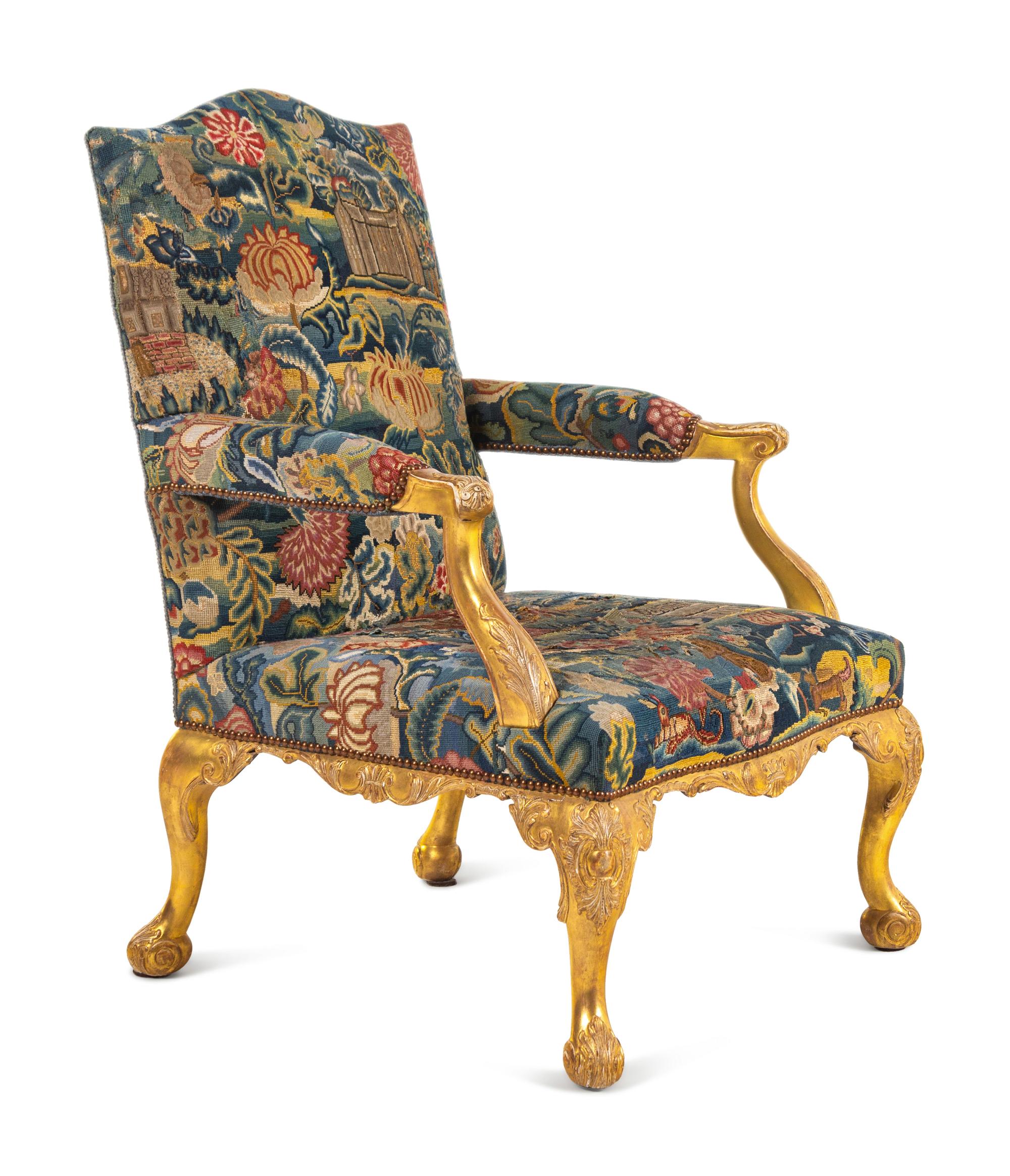 A George II Petit Point and Gros Point-Upholstered Gilt-Gesso Library Armchair