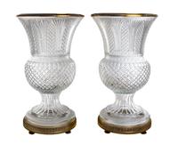 A Pair of Gilt Bronze Mounted Cut Glass Style Urns Height 30 5/8 inches. — 20TH CENTURY