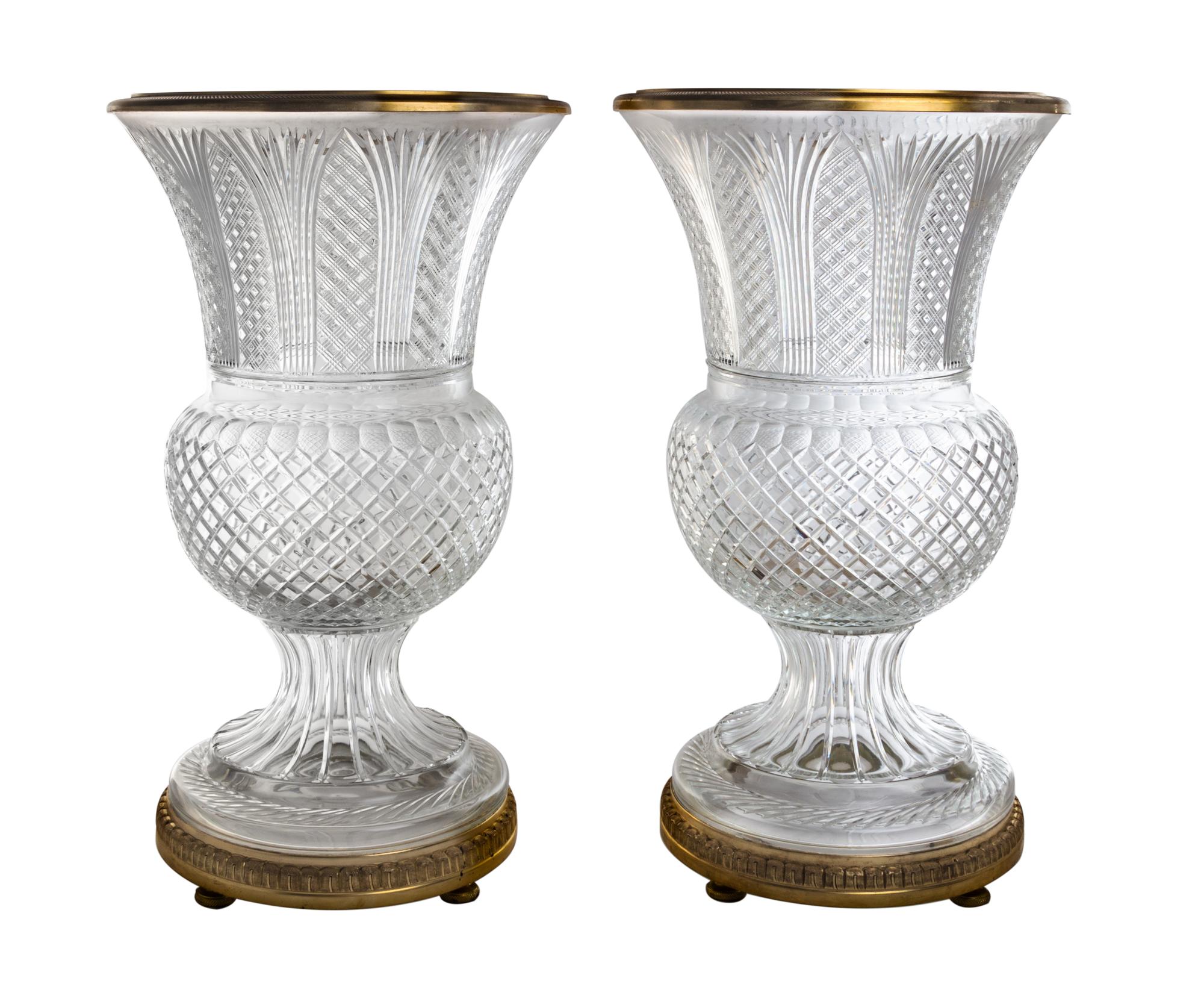 A Pair of Gilt Bronze Mounted Cut Glass Style Urns Height 30 5/8 inches. — 20TH CENTURY