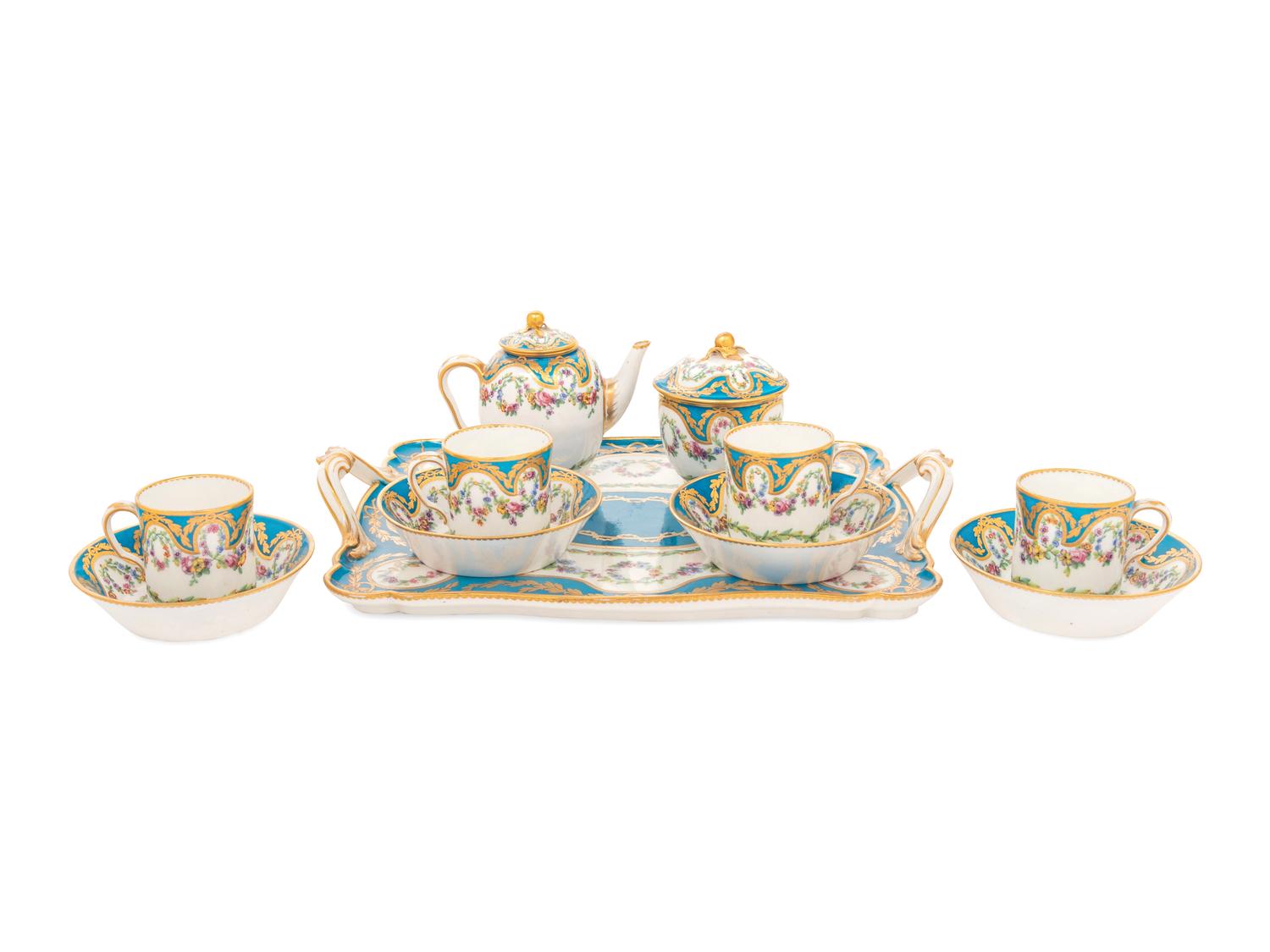 A Sèvres Bleu Céleste Porcelain Seven-Piece Tea Service ( Dejeuner 'Courteille' )