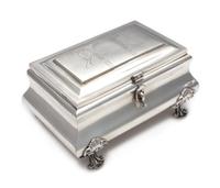 A Russian Silver Table Casket, Mark of Vasily Pulyatky, Moscow, Early 20th Century, the lid worked to show floral decoration, raised on