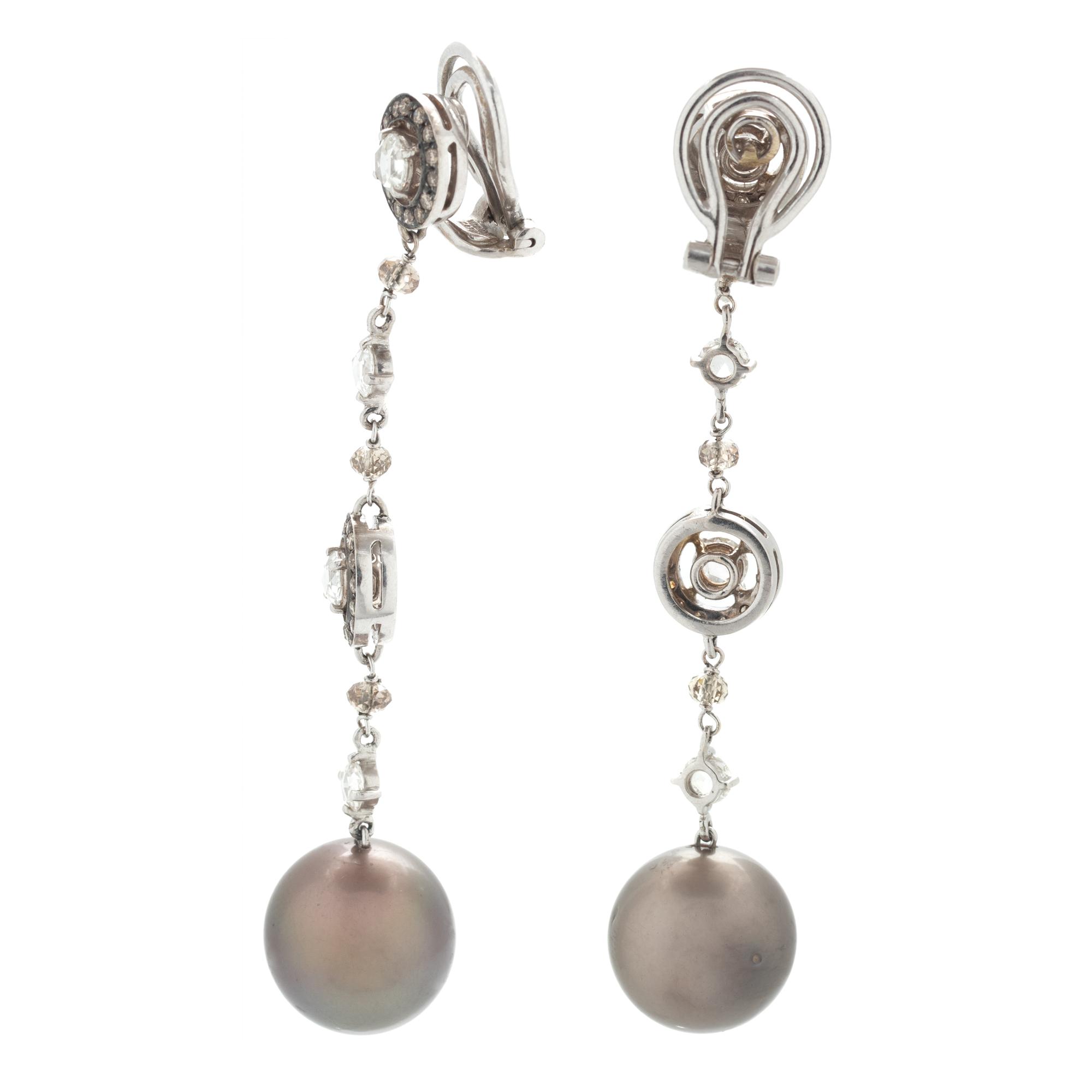 CULTURED TAHITIAN PEARL, DIAMOND AND COLORED DIAMOND EARCLIPS