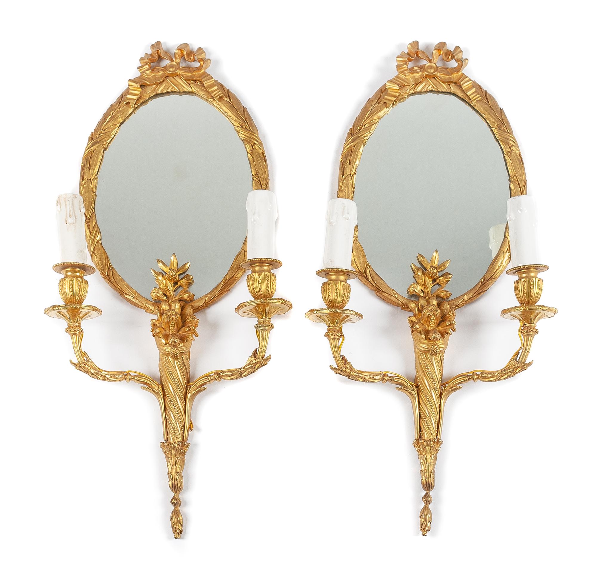 A Pair of Louis XV Style Gilt Bronze Girandole Mirrors Height 24 inches.