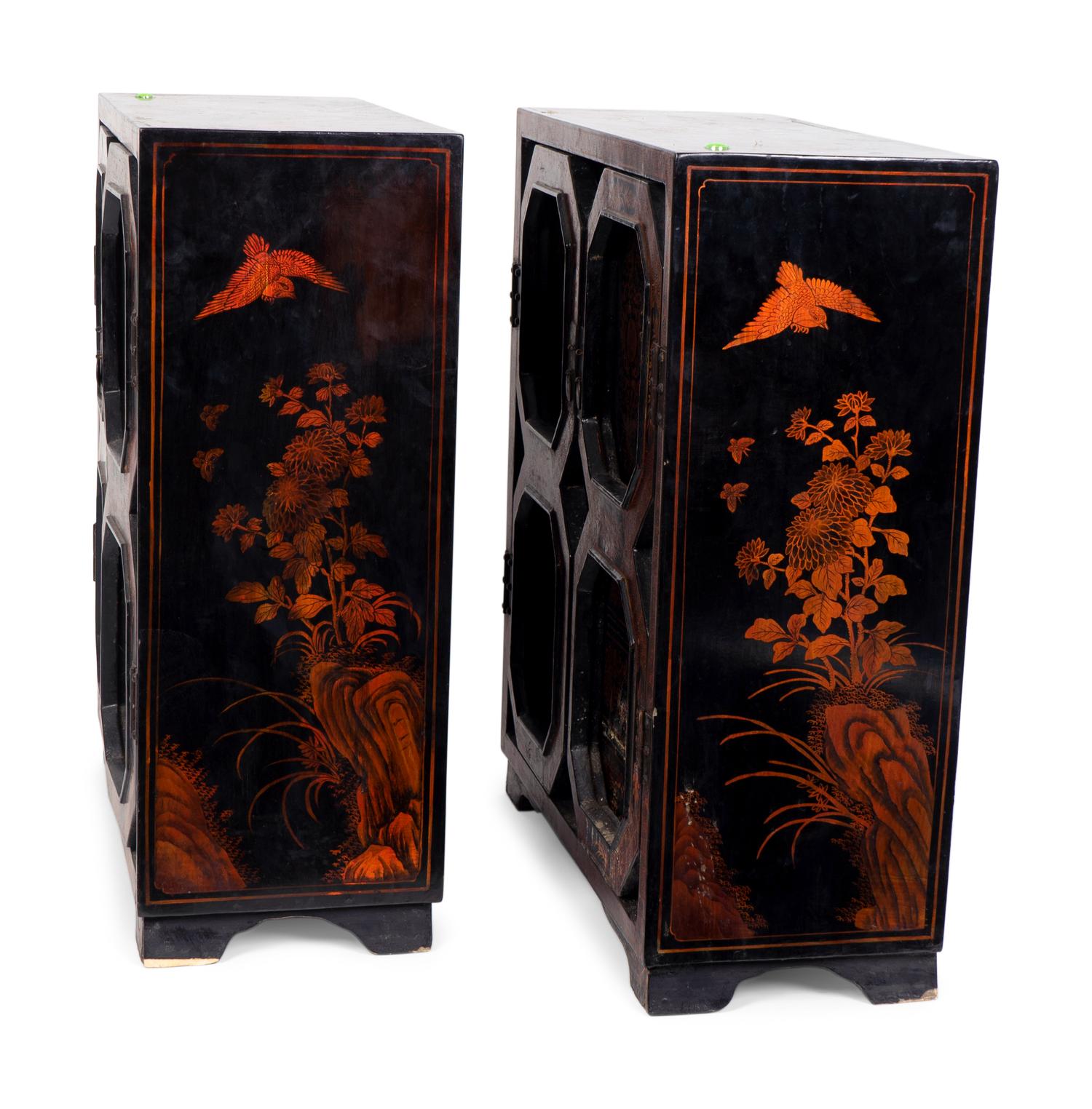 A Pair of Chinese Black and Gilt Lacquer Diminutive Apothecary Cabinets — 20TH CENTURY