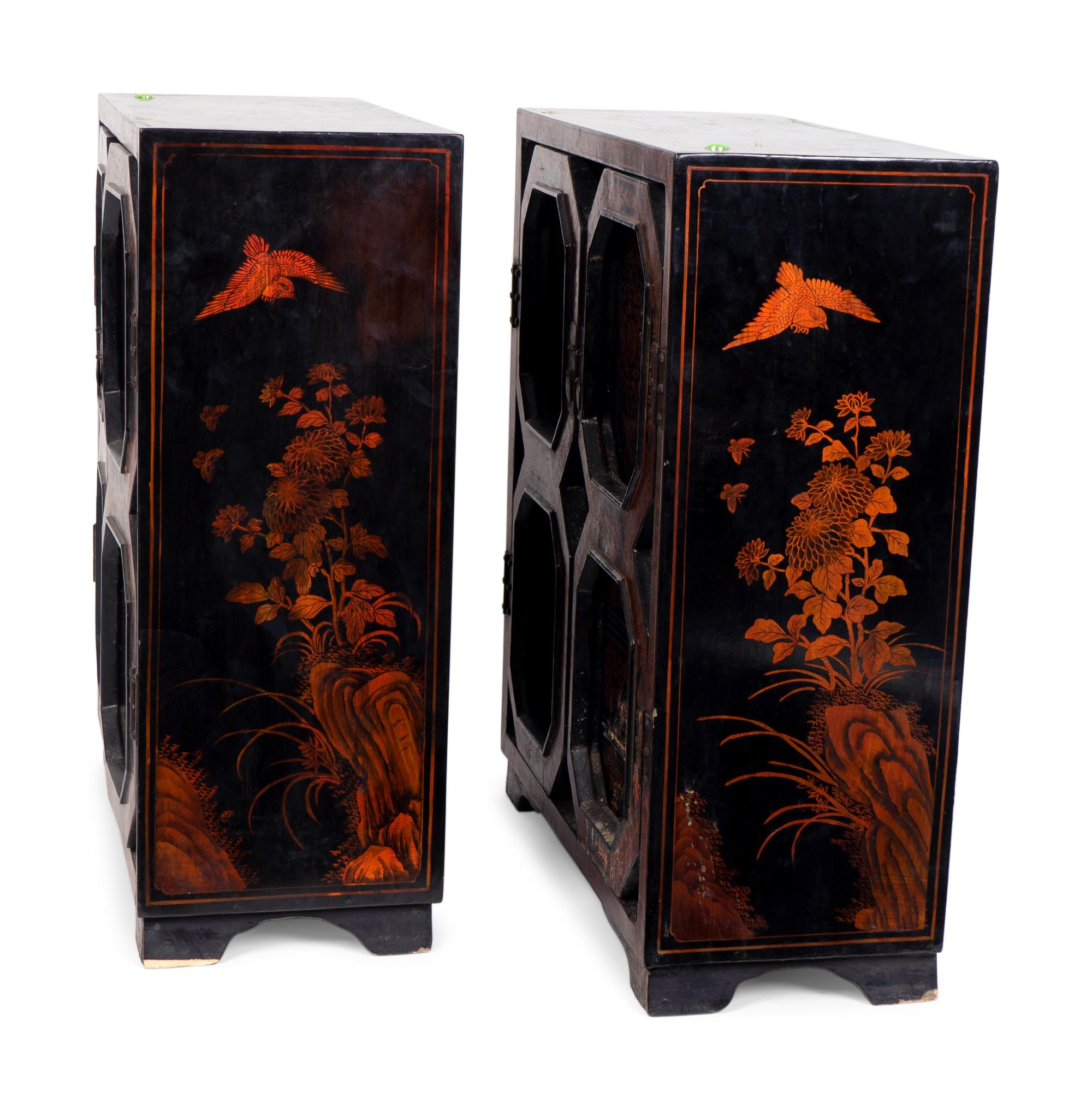 A Pair of Chinese Black and Gilt Lacquer Diminutive Apothecary Cabinets — 20TH CENTURY