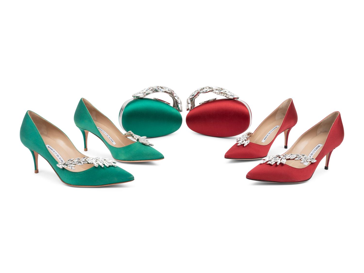 Two Pairs of Manolo Blahnik Satin Heels and Two Matching Clutches