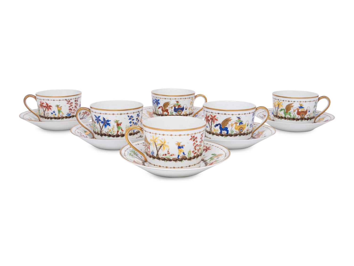 A Set of Six Le Tallec Cirque Chinois Porcelain Cups and Saucers
