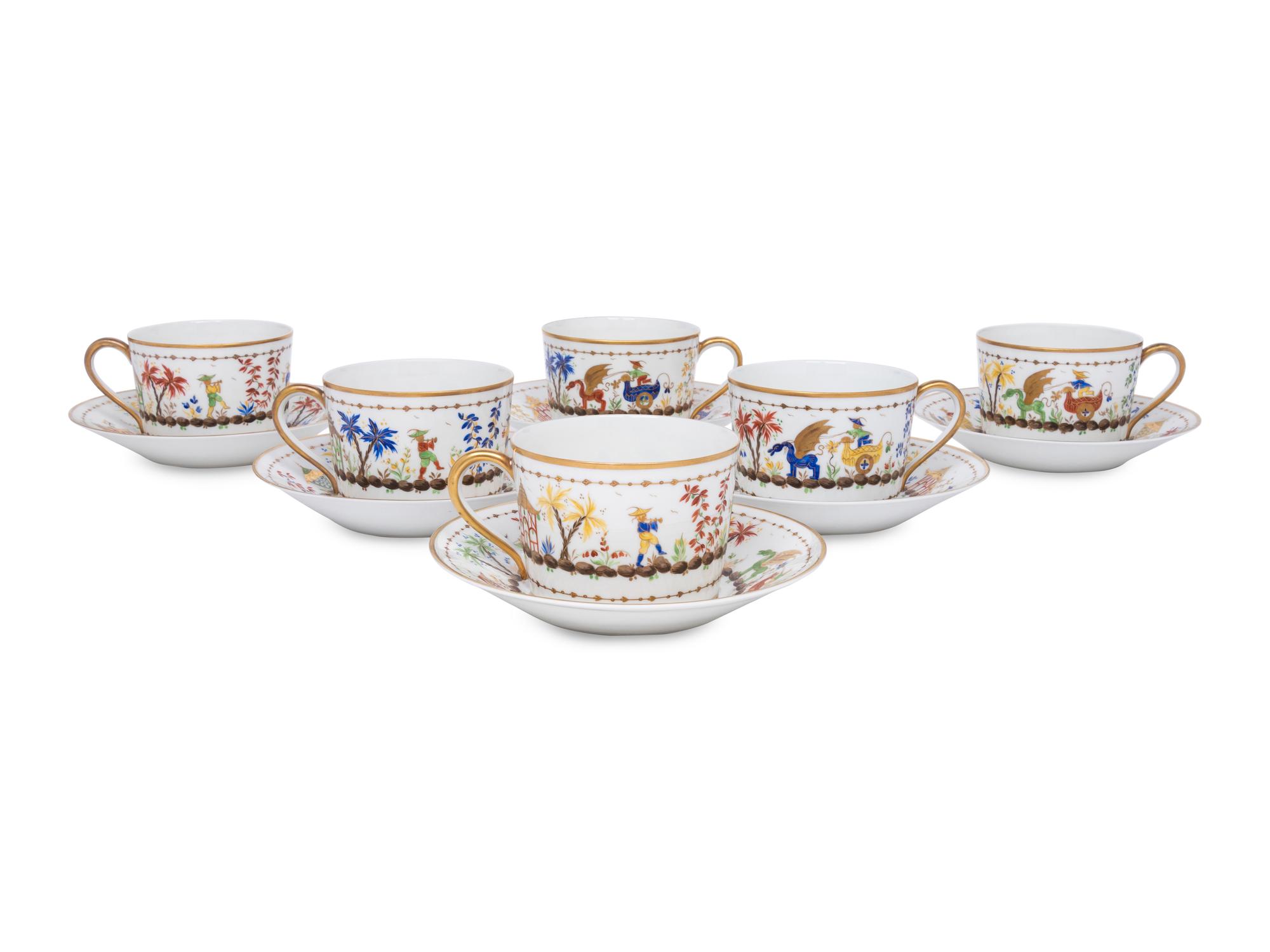 A Set of Six Le Tallec Cirque Chinois Porcelain Cups and Saucers
