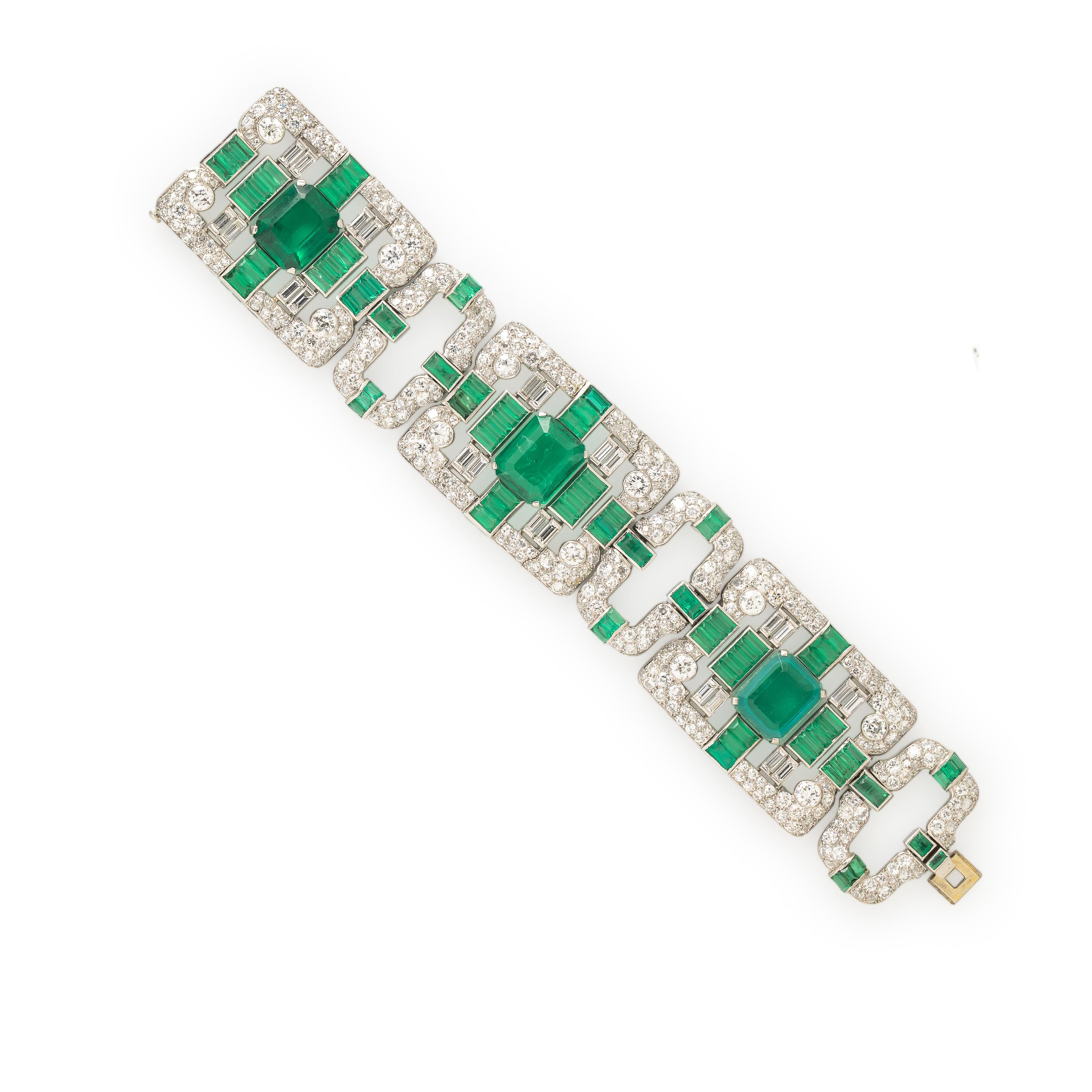 ART DECO, PLATINUM, DIAMOND, AND SIMULANT EMERALD BRACELET