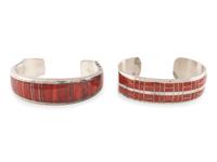 Zuni and Apache Silver and Channel Inlay Coral Cuff Bracelets
