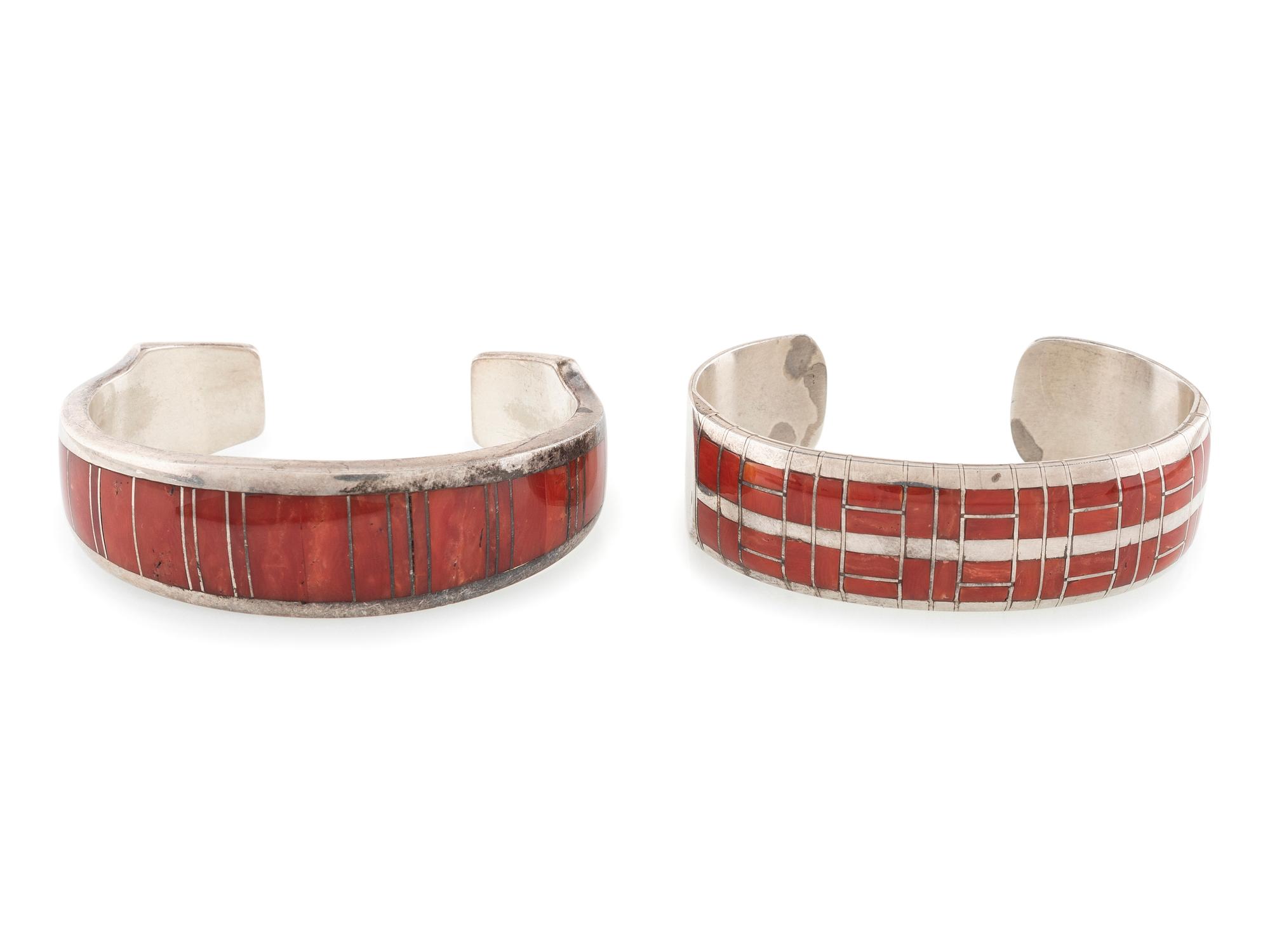 Zuni and Apache Silver and Channel Inlay Coral Cuff Bracelets