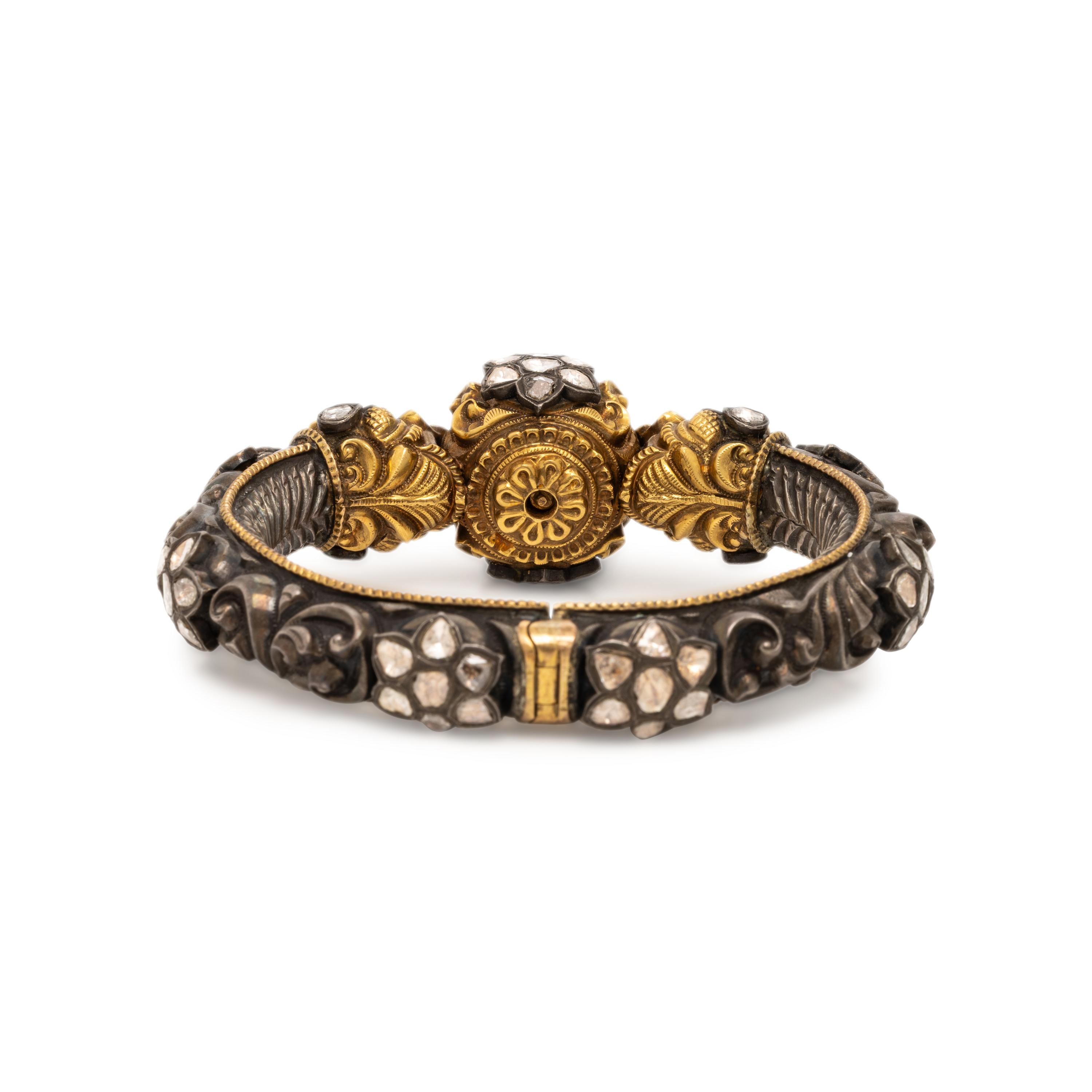Mughal Style Diamond, Yellow Gold, and Silver Bangle Bracelet