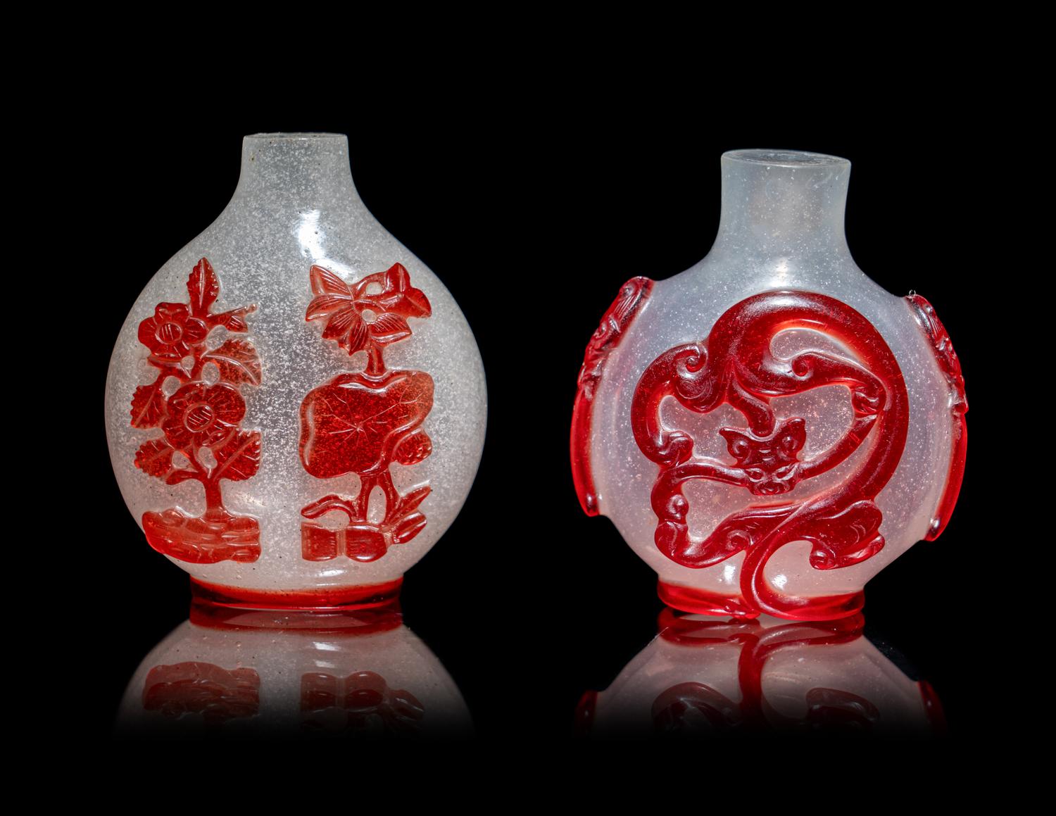 Two Chinese Red Overlay Glass Snuff Bottles