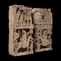 A Pair of Chinese Carved Stone Panels, 18th-19th Century — 清中期 亭台人物圖石雕一對