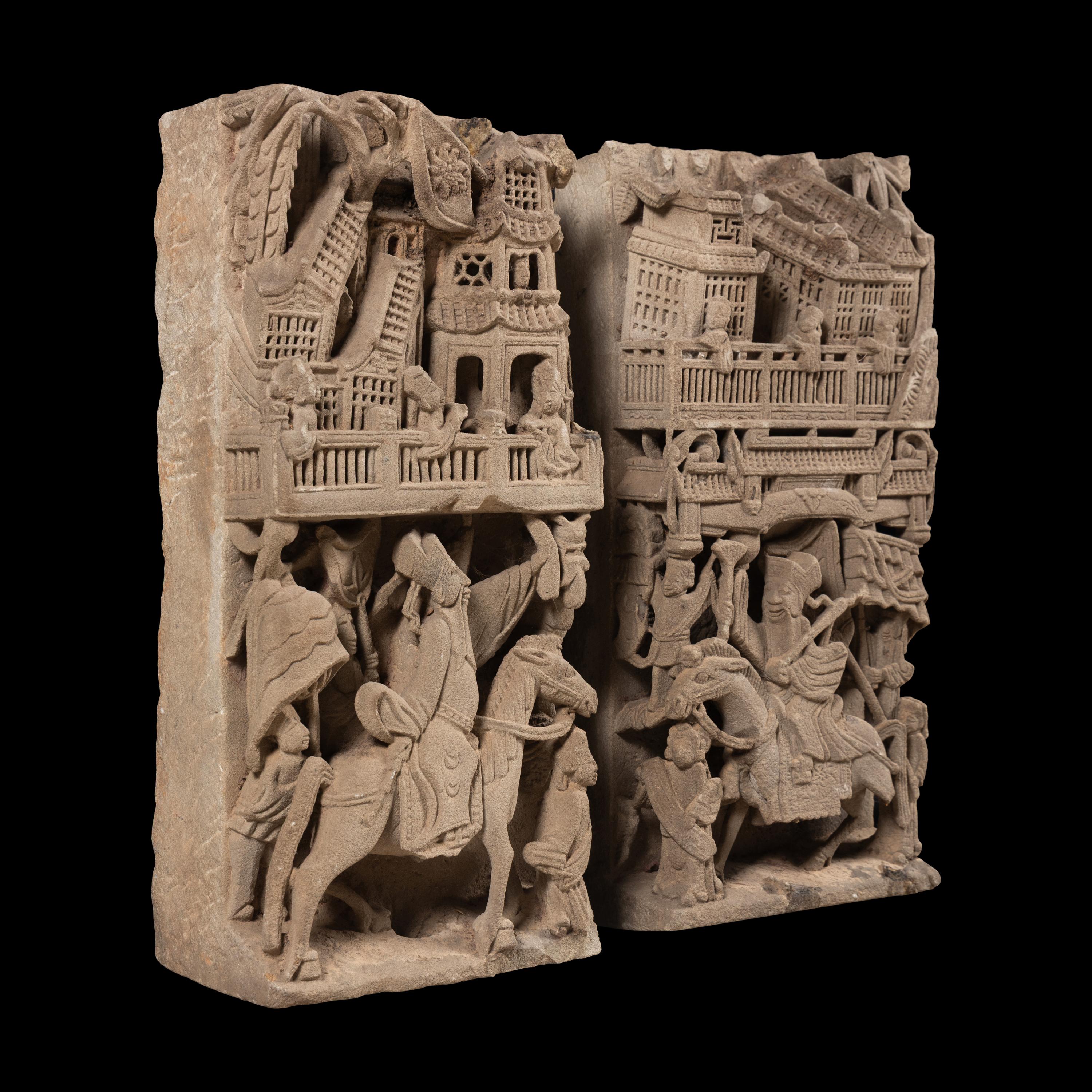 A Pair of Chinese Carved Stone Panels, 18th-19th Century — 清中期 亭台人物圖石雕一對