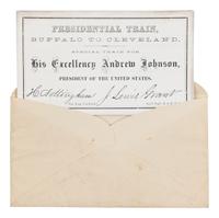 [JOHNSON, Andrew (1808-1875)]. Presidential Train schedule and pass, with the original envelope, for the "Swing Around the Circle" tour. N.p., n.p., 3 September 1866.
