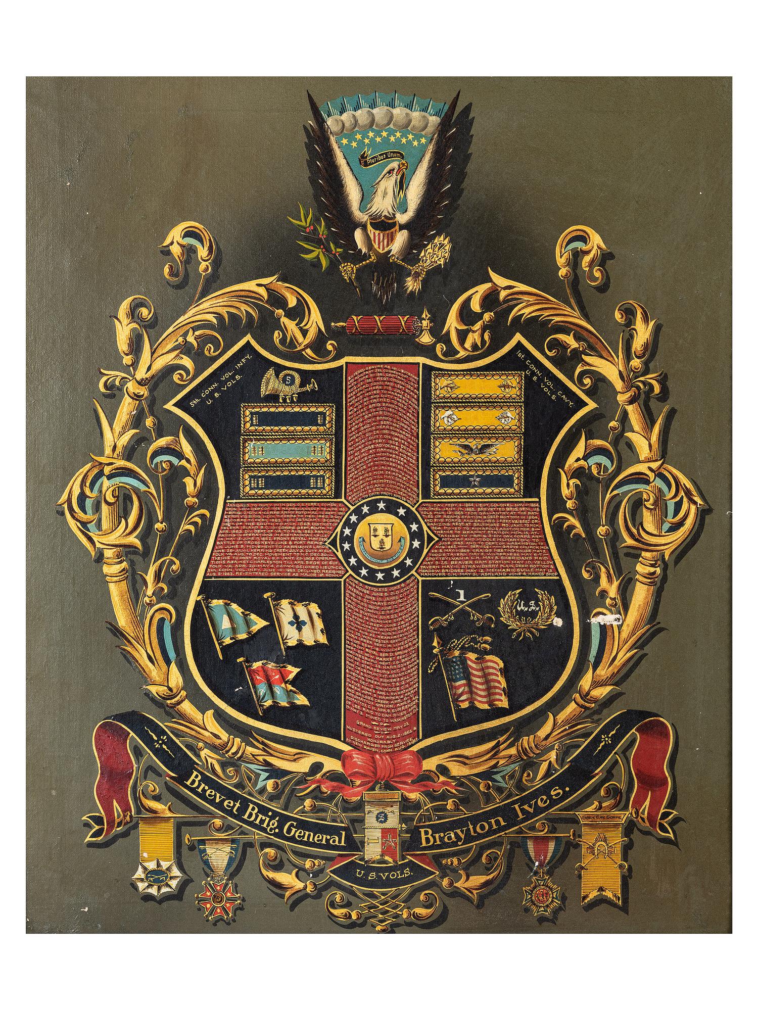 [CIVIL WAR]. Painted escutcheon identified to Brevet Brigadier General Brayton Ives, 5th Connecticut Infantry and 1st Connecticut Cavalry.
