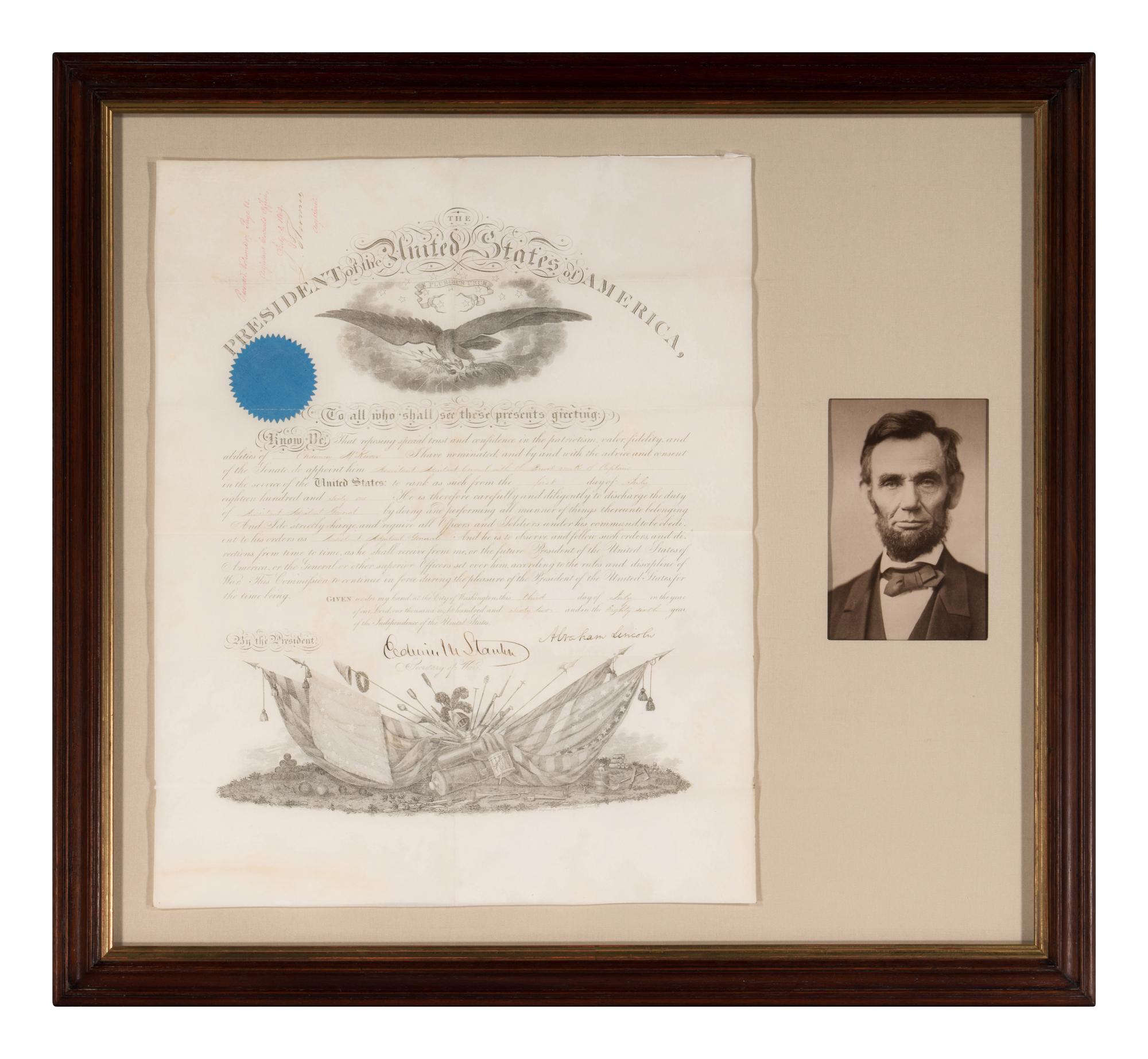 LINCOLN, Abraham (1809-1865). Partially engraved document signed ("Abraham Lincoln"), as President, City of Washington, 21 February 1862, countersigned by Edwin STANTON (1814-1869), as Secretary of War.