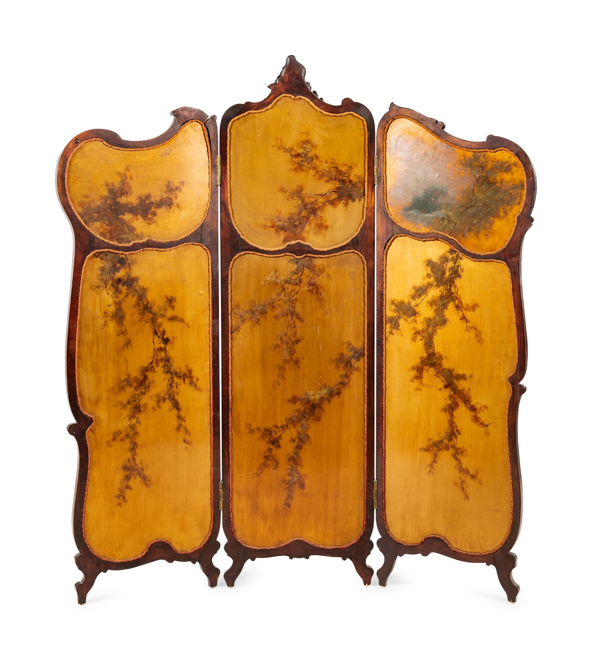 A Louis XV Style Carved Walnut Floor Screen with Inset Painted Panels