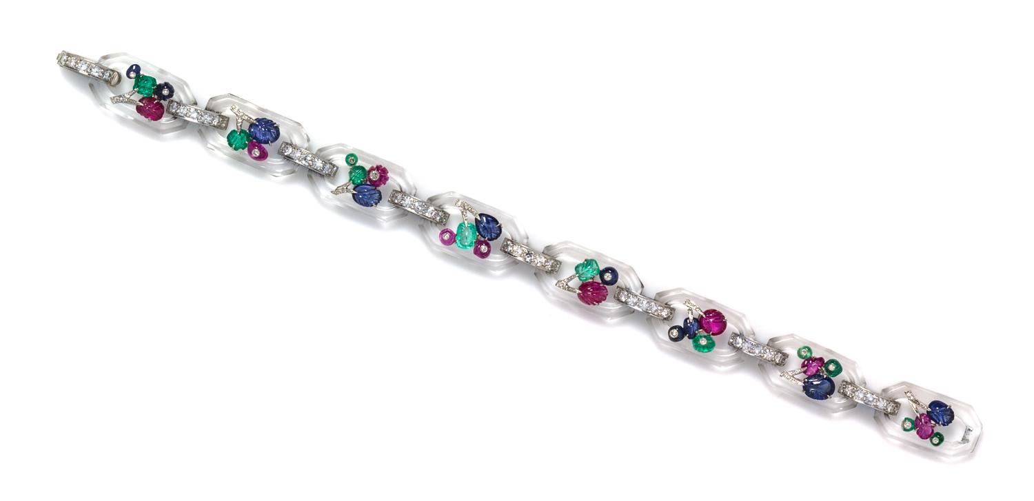 An Art Deco Platinum, Gold, Rock Crystal, Diamond and Multi Gem Tutti Frutti Bracelet, Cartier, 17.00 dwts.