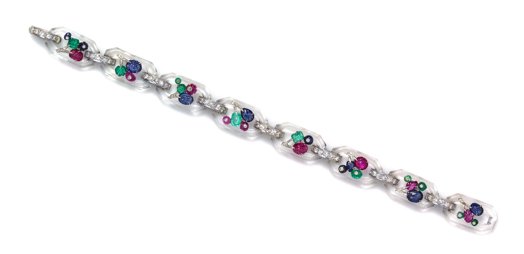 An Art Deco Platinum, Gold, Rock Crystal, Diamond and Multi Gem Tutti Frutti Bracelet, Cartier, 17.00 dwts.
