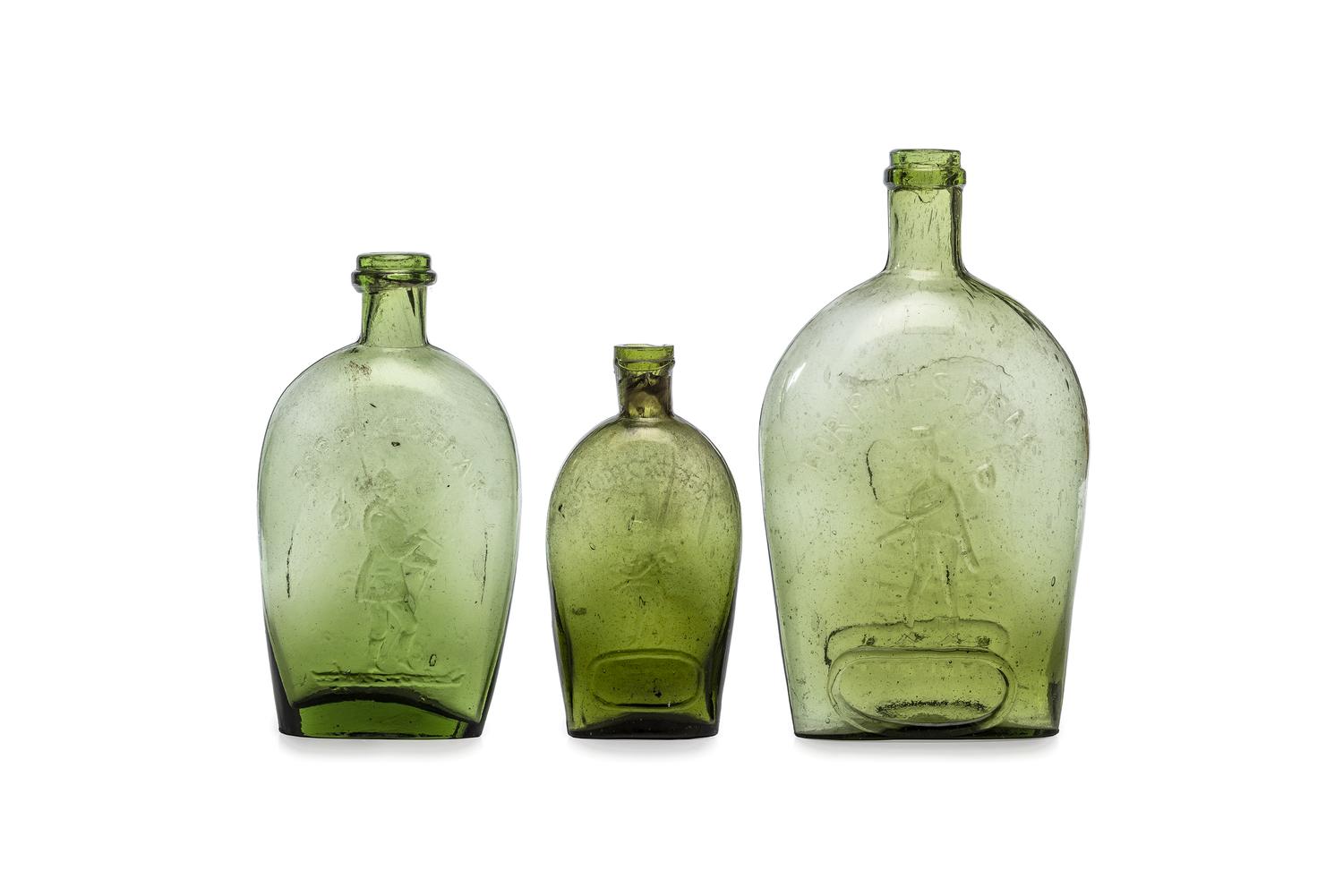 Three Molded Glass Olive Green Pike's Peak Flasks