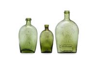 Three Molded Glass Olive Green Pike's Peak Flasks