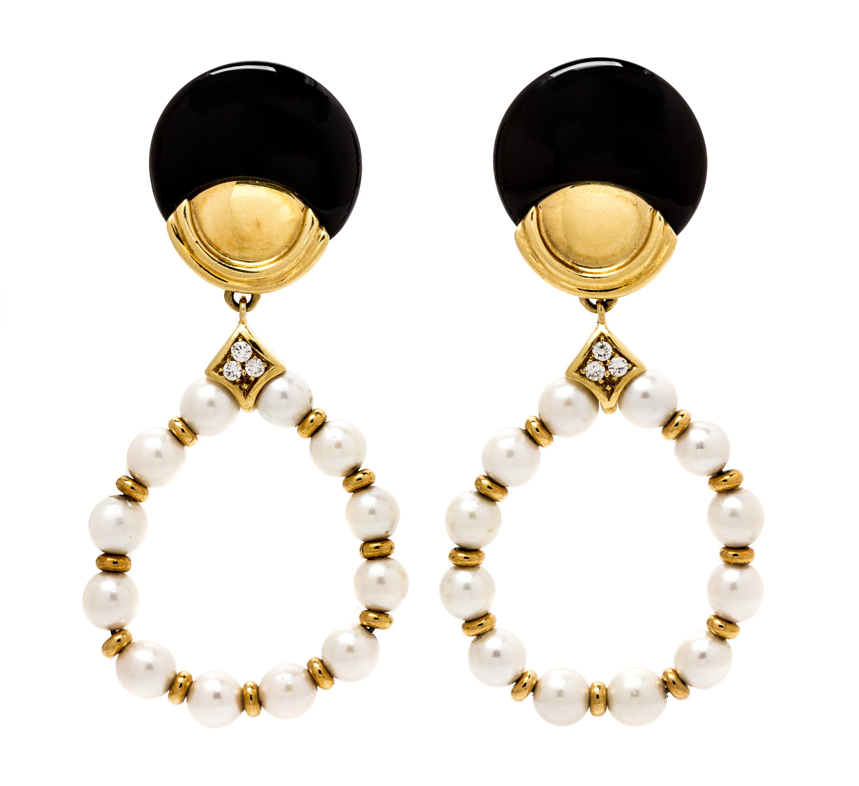 A Pair of 18 Karat Yellow Cultured Pearl, Onyx and Diamond Earclips, Dario, 21.00 dwts.