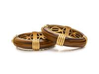 PAIR OF YELLOW GOLD AND TIGER'S EYE BANGLE BRACELETS