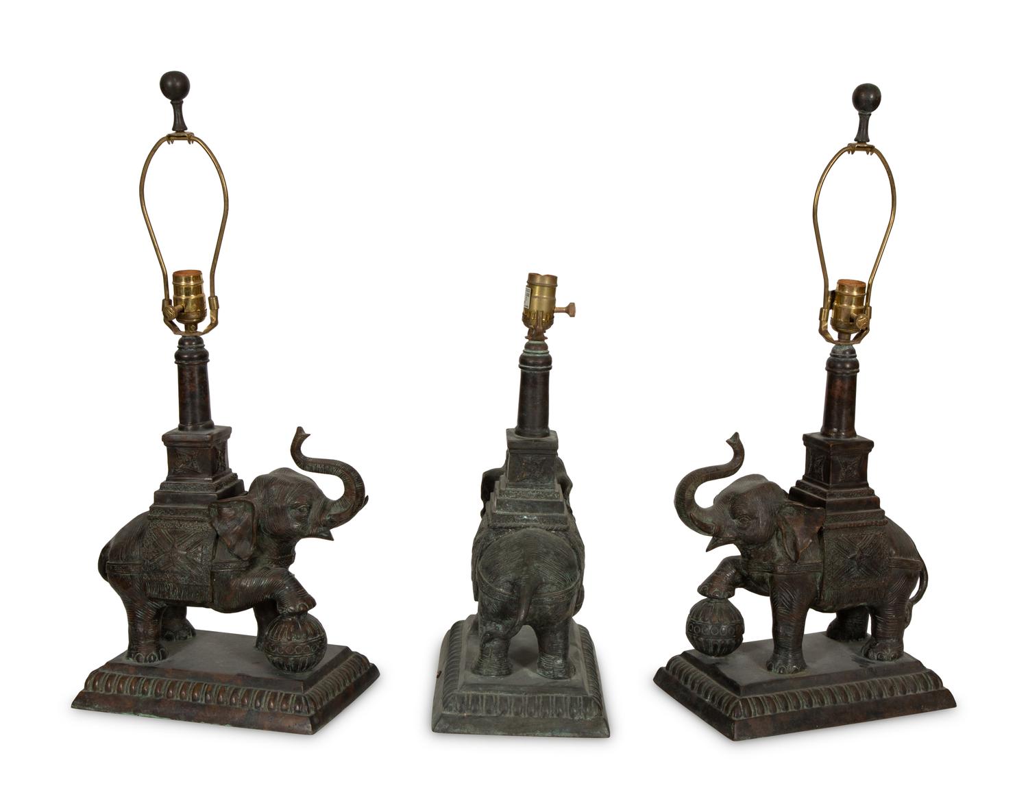 A Set of Three Maitland Smith Cast Metal Elephant-Form Table Lamps