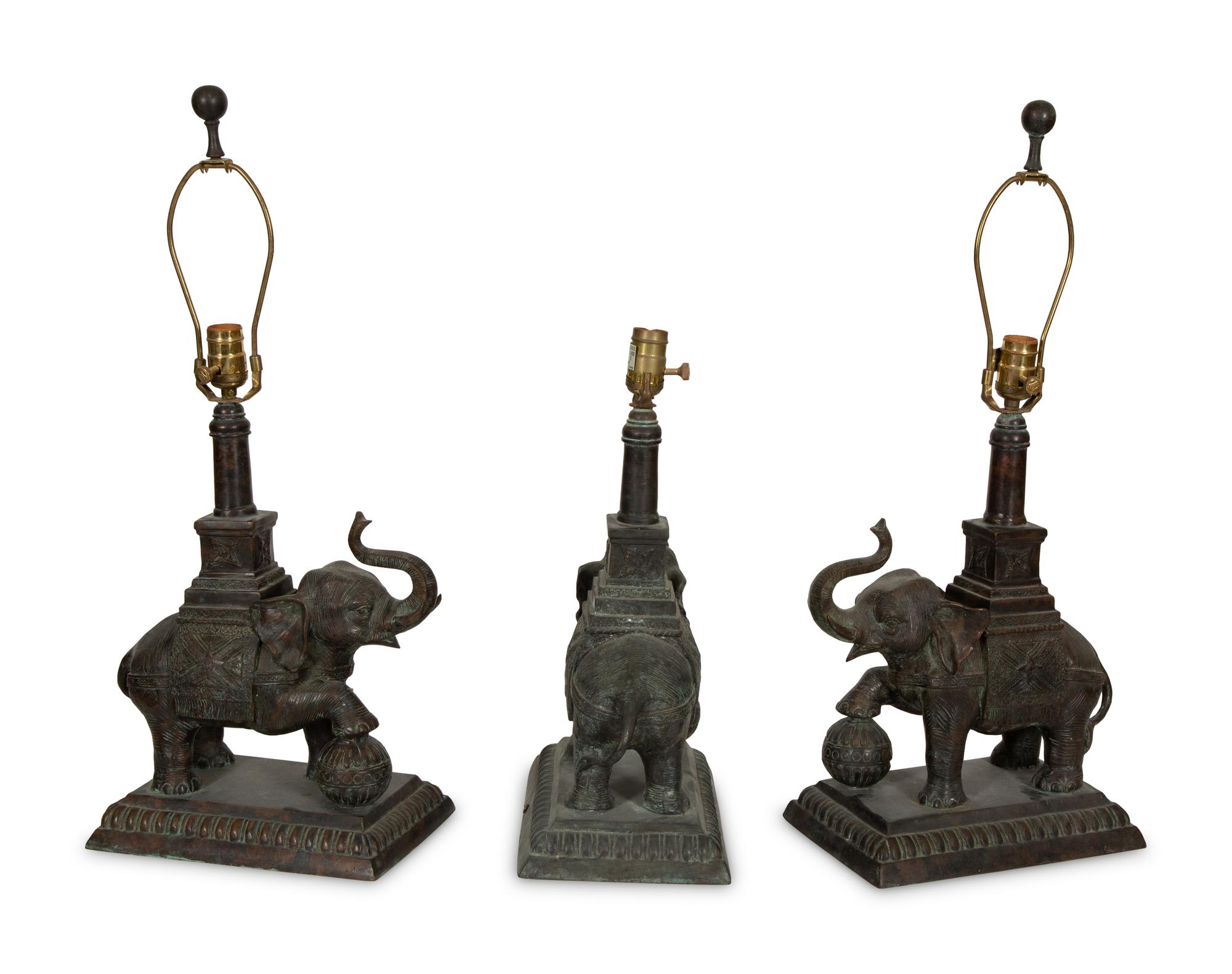 A Set of Three Maitland Smith Cast Metal Elephant-Form Table Lamps