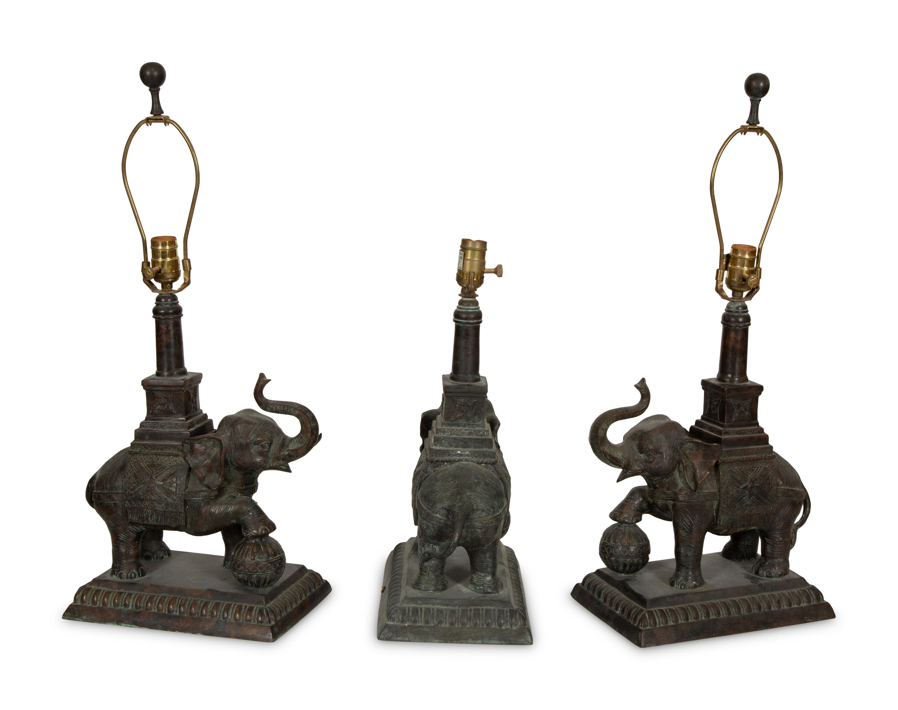 A Set of Three Maitland Smith Cast Metal Elephant-Form Table Lamps