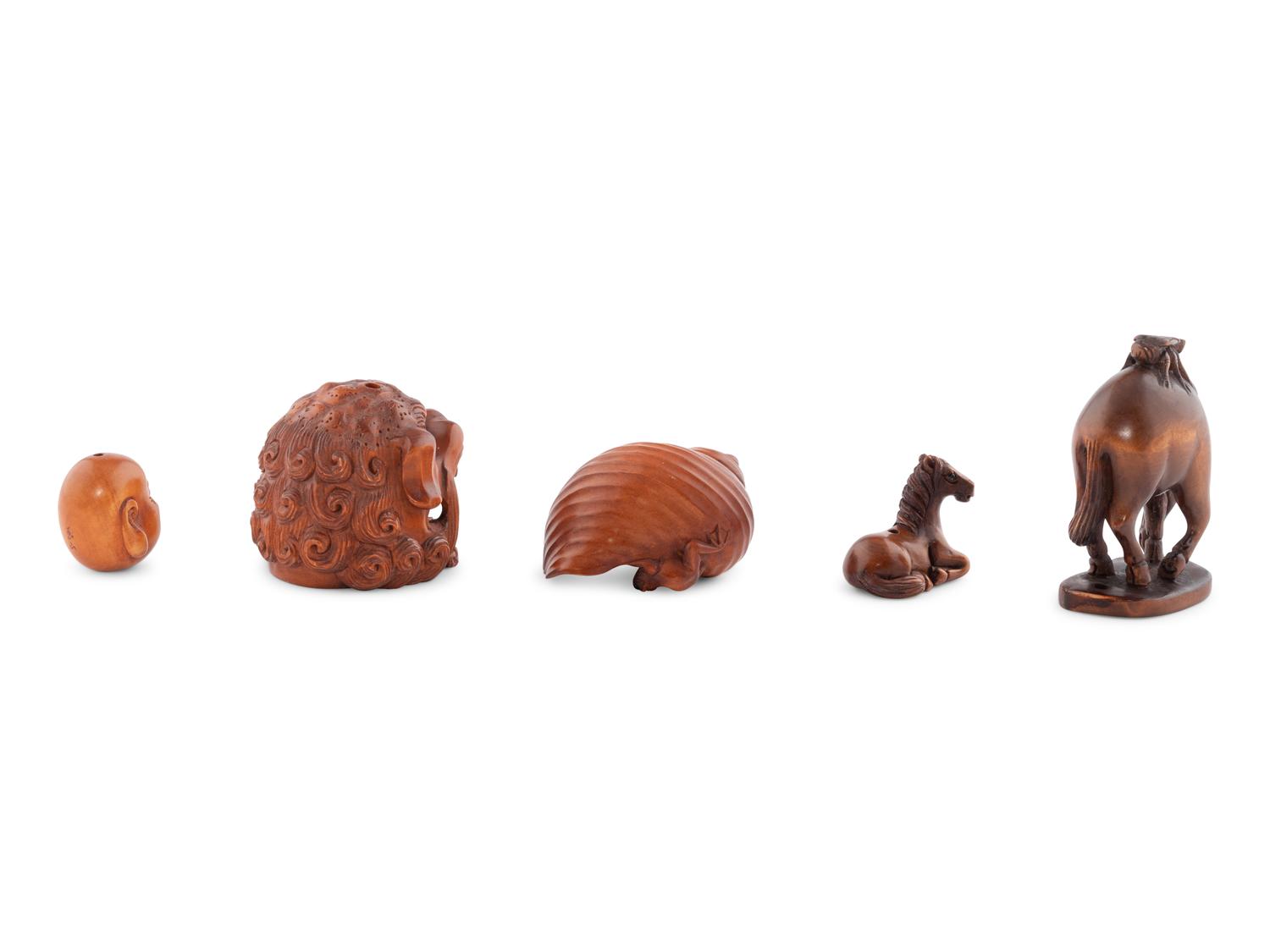 Three Japanese Boxwood Netsuke and Two Ojime, 19th Century