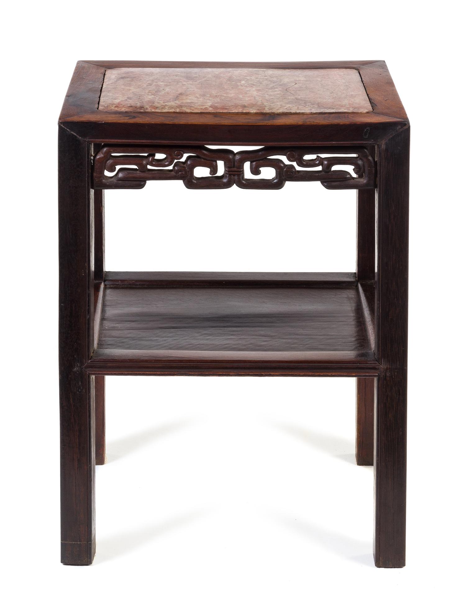 A Chinese Marble Inset Hardwood Side Table Height 21 3/4 x width 16 1/2 x depth 12 1/4 inches.