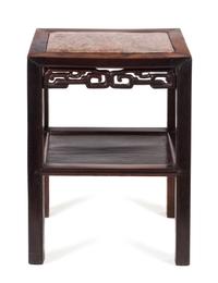 A Chinese Marble Inset Hardwood Side Table Height 21 3/4 x width 16 1/2 x depth 12 1/4 inches.