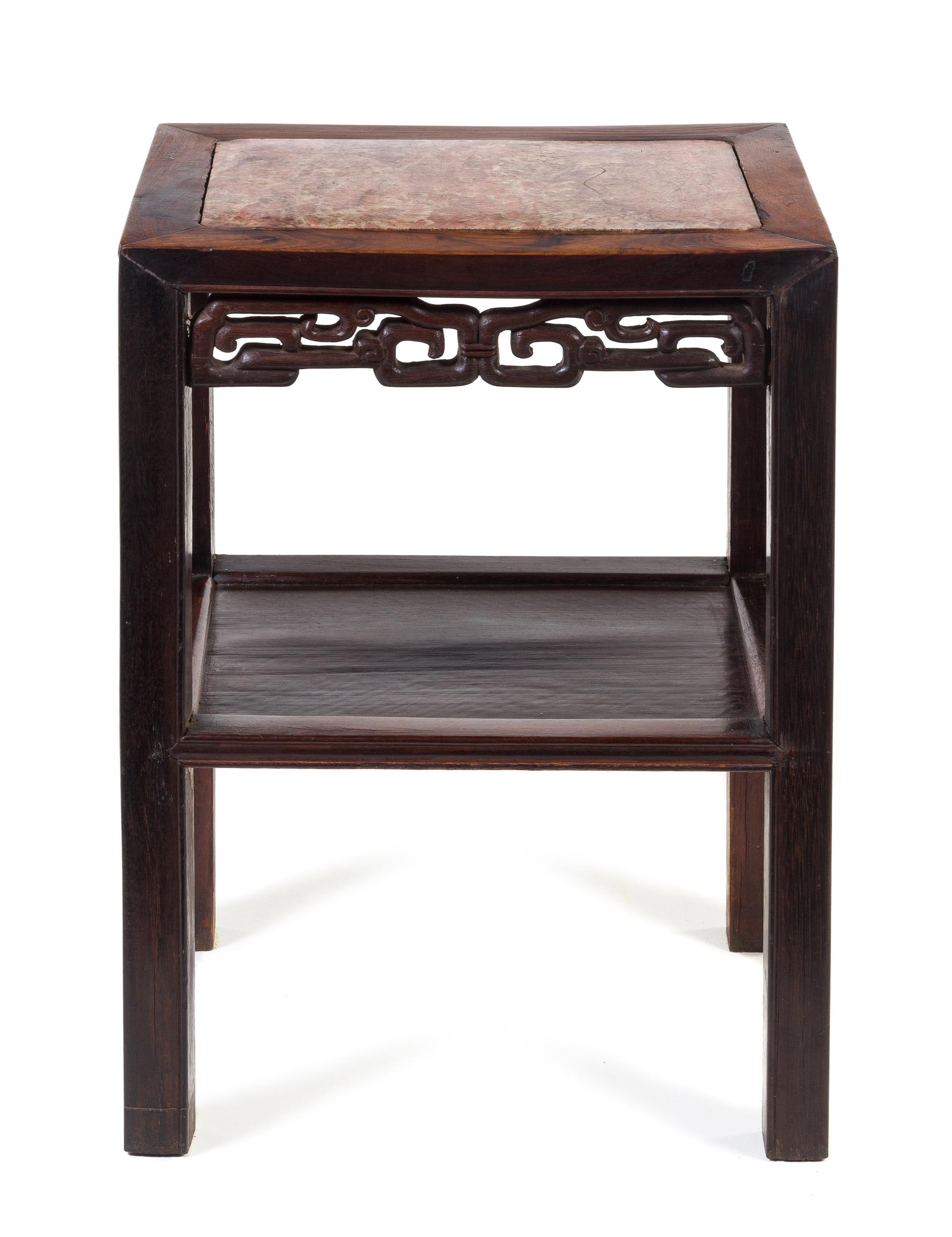A Chinese Marble Inset Hardwood Side Table Height 21 3/4 x width 16 1/2 x depth 12 1/4 inches.