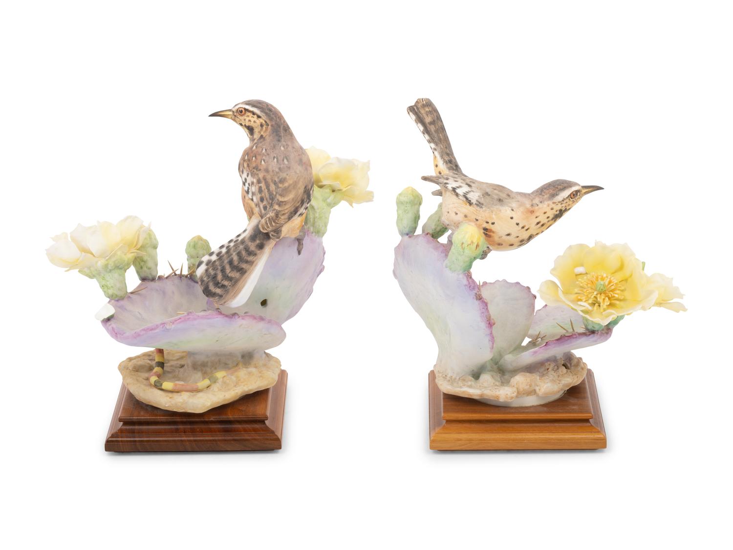 A Pair of Royal Worcester Dorothy Doughty Porcelain Cactus Wren and Prickly Pear Groups
