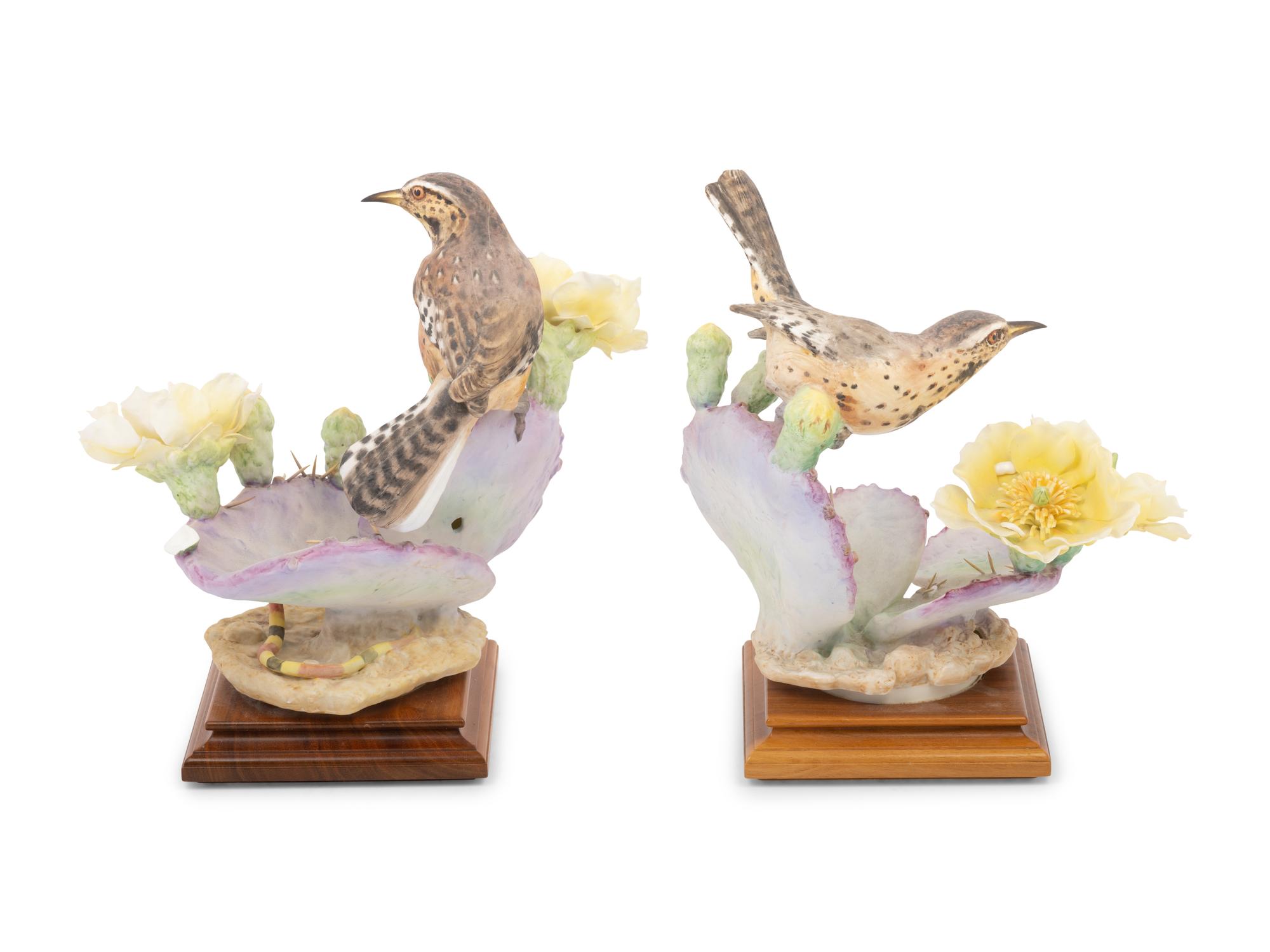 A Pair of Royal Worcester Dorothy Doughty Porcelain Cactus Wren and Prickly Pear Groups
