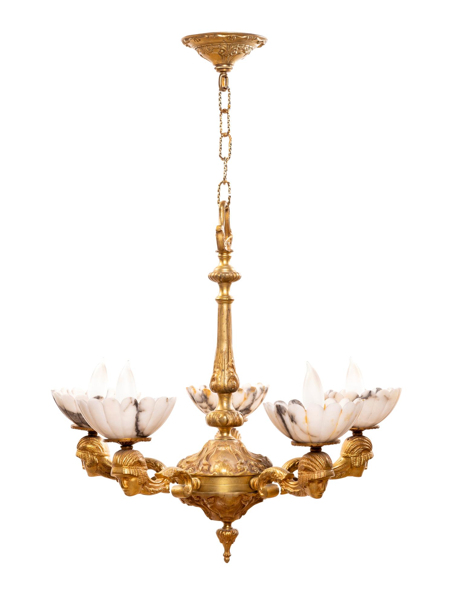 An Empire Style Gilt Bronze and Alabaster Five-Light Chandelier