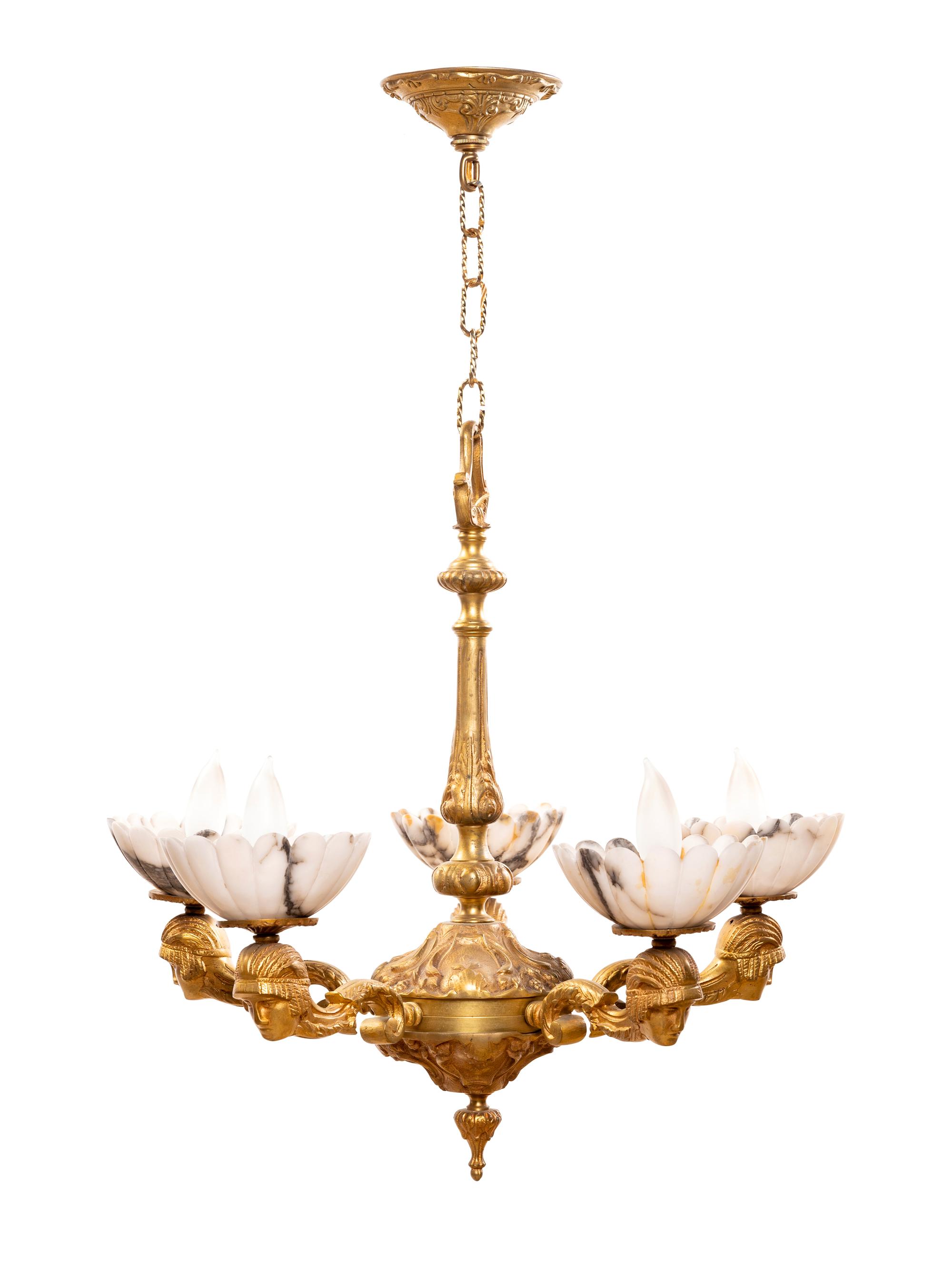 An Empire Style Gilt Bronze and Alabaster Five-Light Chandelier